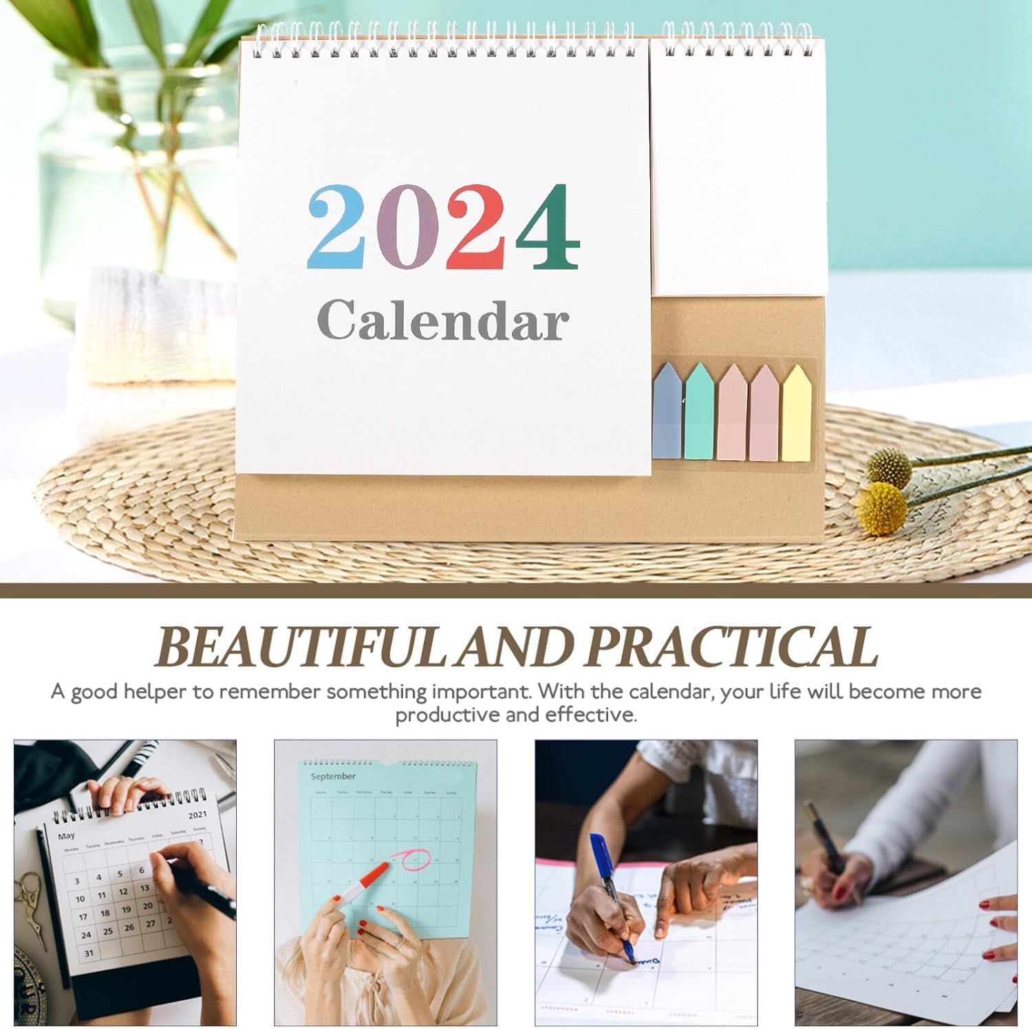 Großer Tischkalender 2024, 3D-Kalender, Tischkalender 2024 mit Index-Tabs, stehender Flip, 12 Monate Tischkalender - Januar 2024 - Dez. 2024 Stand-Up-Kalender, Planer für Heimbüro-Dekor (Farbe: On