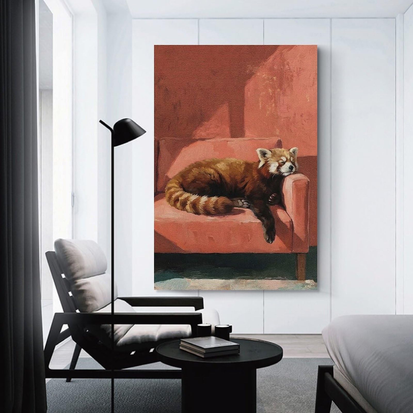 Junmoney Wall Picture Print Red Panda Napping on Couch Painting, 20x30inch(50x75cm), for Hallway, Bedroom Or Modern Interiors, Thoughtful Wall Decor for Art Lovers