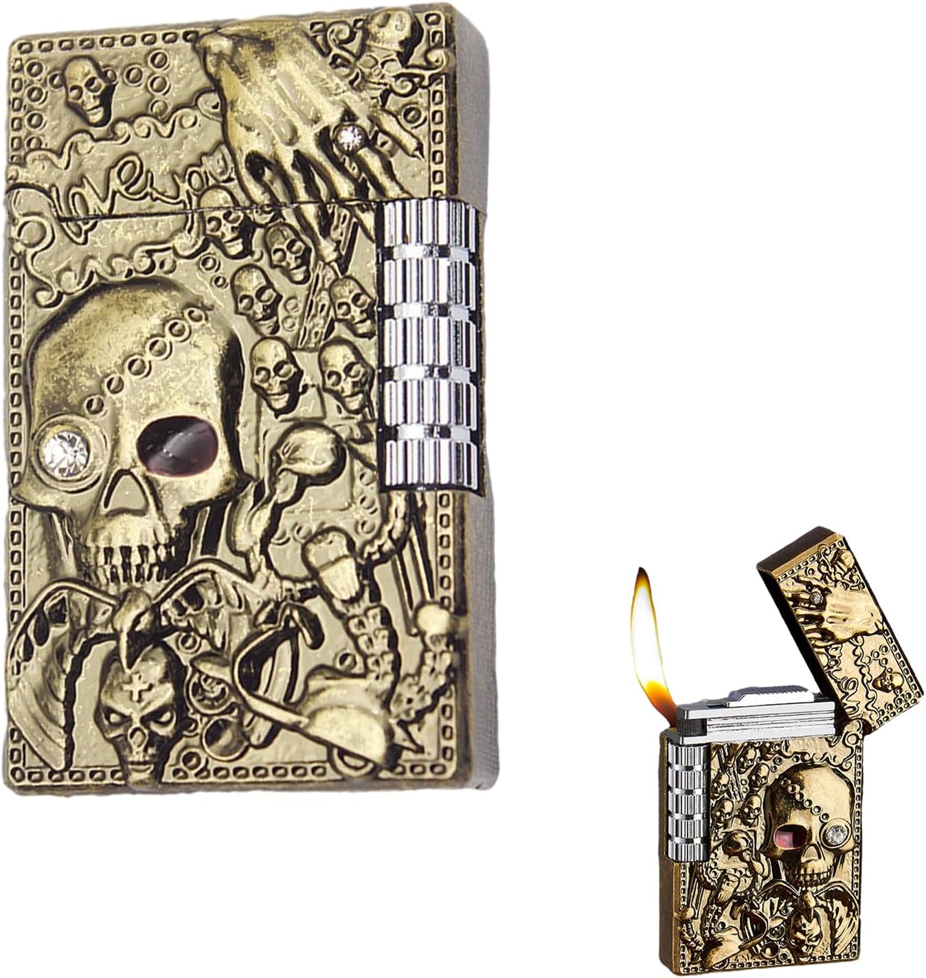 Cool Engraved Skull Lighter, Creative Grinding Wheel Butane Lighter, Soft Flame Jet Torch - Bronze