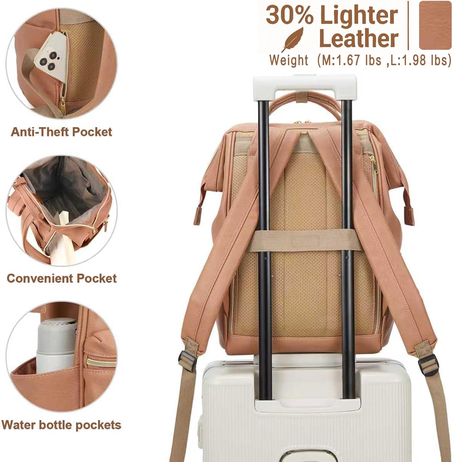 Kah&Kee Leather Laptop Backpack for Women, 14-15 Inch Professional Work Bag, Water-Resistant Vegan Leather Doctor Bag Backpack for Teacher, Nurse & Travel, Fits MacBook Air 15 (Tan Pink,Medium) - Image 2