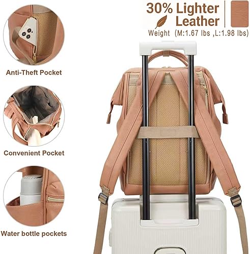Miniatura 2 de Kah&Kee - Mochila de cuero con compartimento para laptop, ideal para viajes, escuela, para mujeres y hombres, rosado marrón claro, (TAN PINK)),