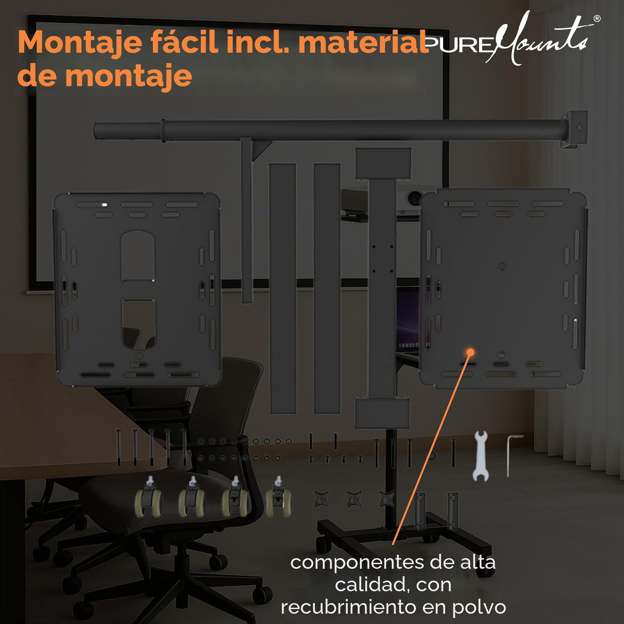 PureMounts Carro de proyección inclinable/Mesa de proyección para proyectores, Ajustable de Forma Flexible (950 mm a 1450 mm), Ruedas bloqueables, Capacidad de Carga de 10 kg, Color Negro.