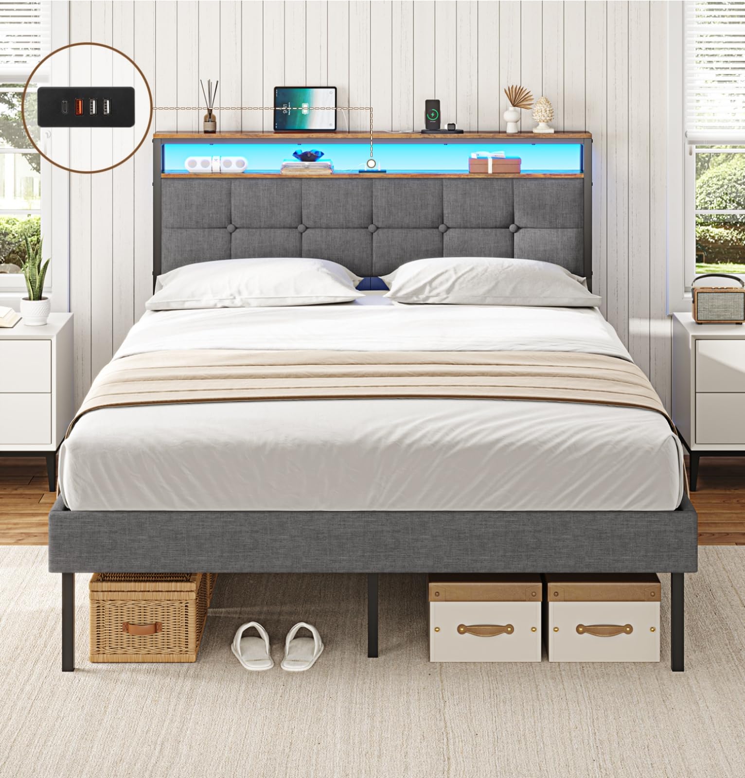 AOGLLATI Lit 2 Personnes avec Multiprise et LED Réglable,Cadre de Lit 140x190 avec Sommier Métal,Capitonnée en Lin Gris, sans Matelas