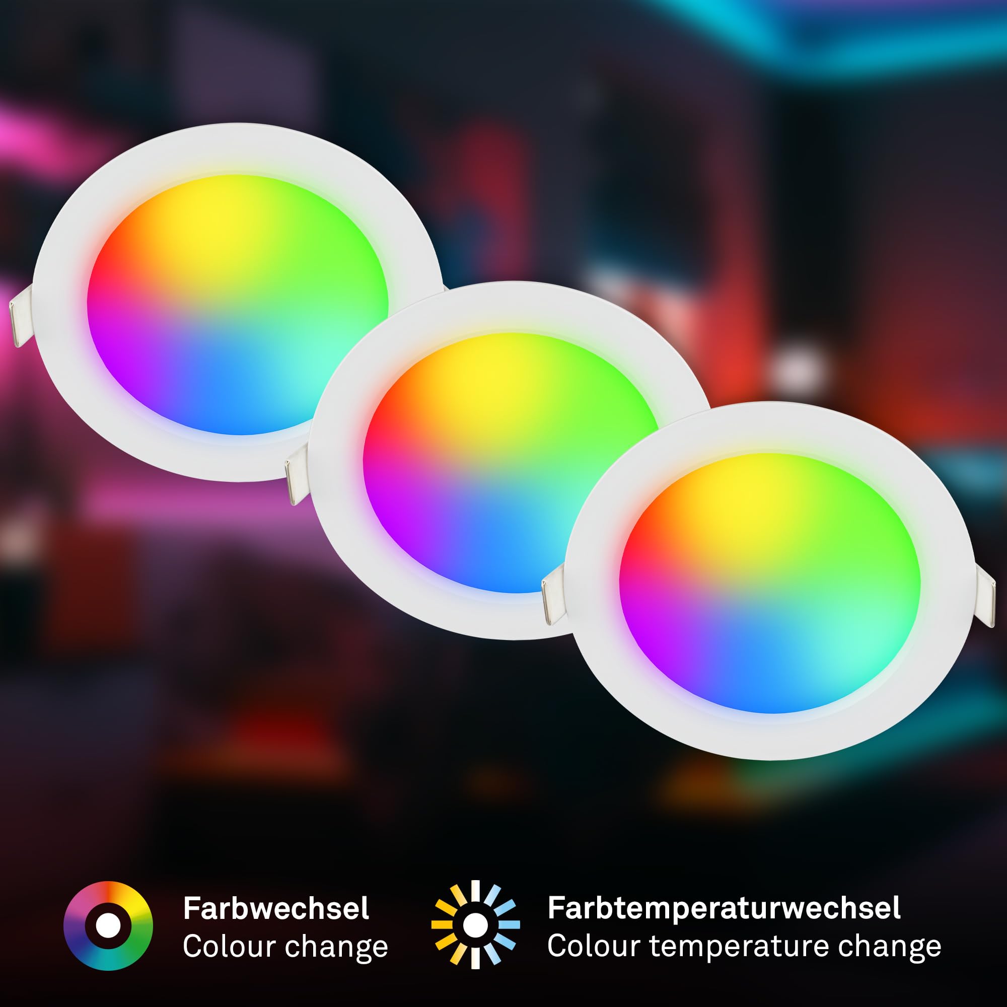 BRILONER - 3er Set LED Einbaustrahler 230V mit Fernbedienung, dimmbar, RGB, CCT wamweiß bis kaltweiß, Spot, Deckenspots, Einbauleuchten, Badezimmer, Einbauspots LED, 12x4 cm, Weiß