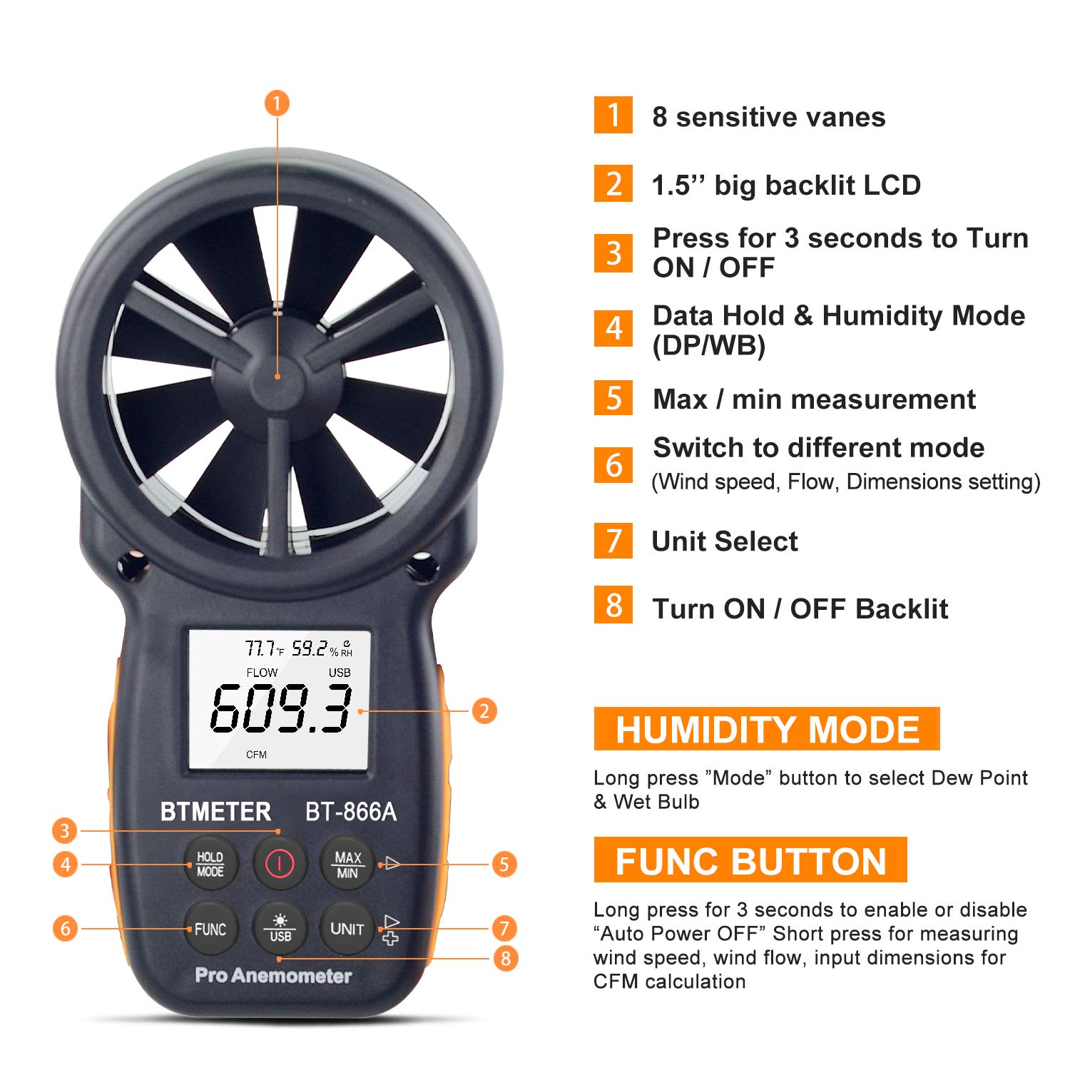 Compteur CFM Portable avec Anémomètre Numérique BT-866A avec Connexion USB - Mesureur de Vitesse du Vent Mesure la Vitesse et la Température du Vent