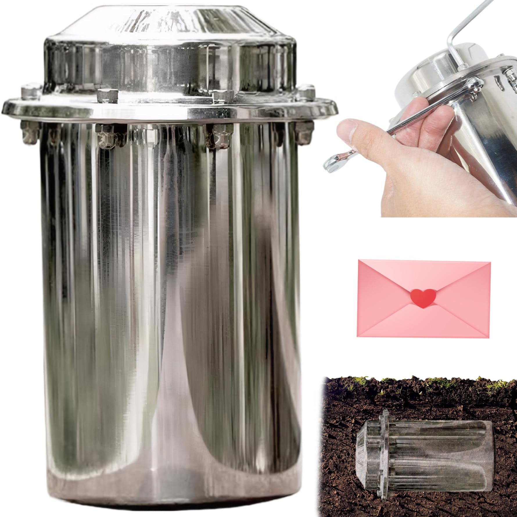 Time Capsules Caja de cápsulas del tiempo de acero inoxidable con cerradura de 4x8 pulgadas con tapas, contenedor impermeable resistente a la corrosión para futuras graduaciones, decoración de jardín