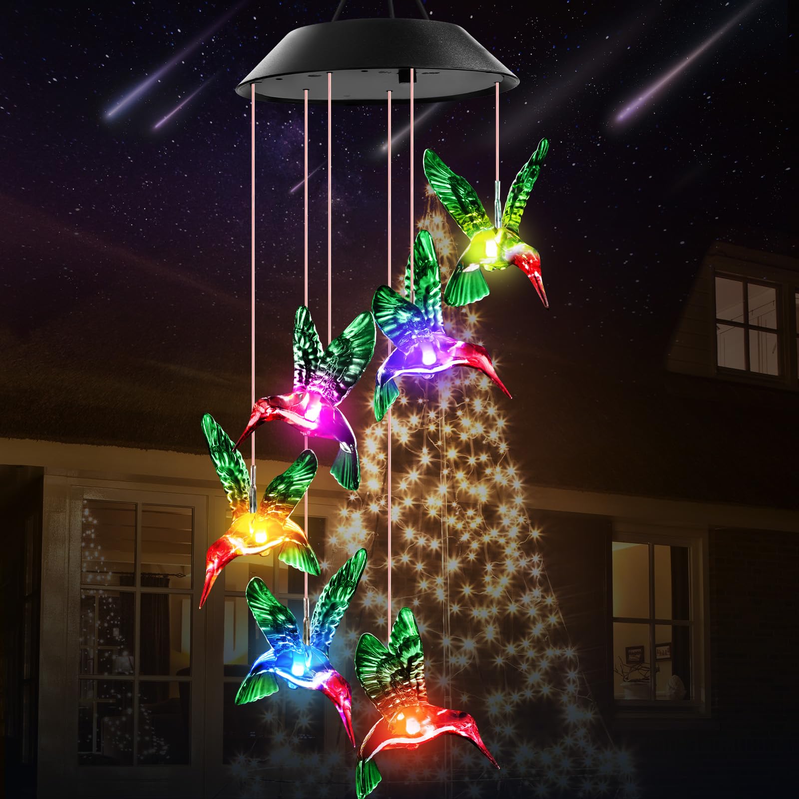 Birthday Gifts for Women, Mum, Winzwon Solar Hummingbird Wind Chimes, Garden Her, Grandma, Mothers Day, Christmas, Easter Decor Lights Yard Porch, Yellow-red, 13.5x13.5x5cm (LC104)