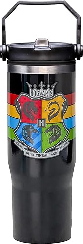 Spoontiques Hogwarts - Botella de agua de acero inoxidable de 30 onzas, 10 pulgadas de alto, tapa giratoria y asa de transporte, pared exterior de