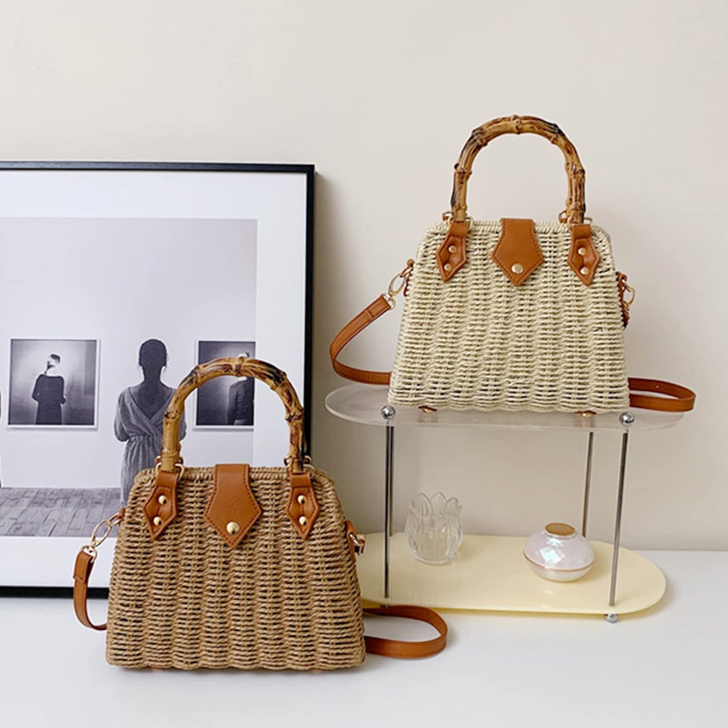Straw Bag, Crossbody Bags for Women, Bohemian Handmade Woven Bag, Bamboo Handle Handbag Hard Box Handbags, Parties, Vacations Beach Bag(Beige)