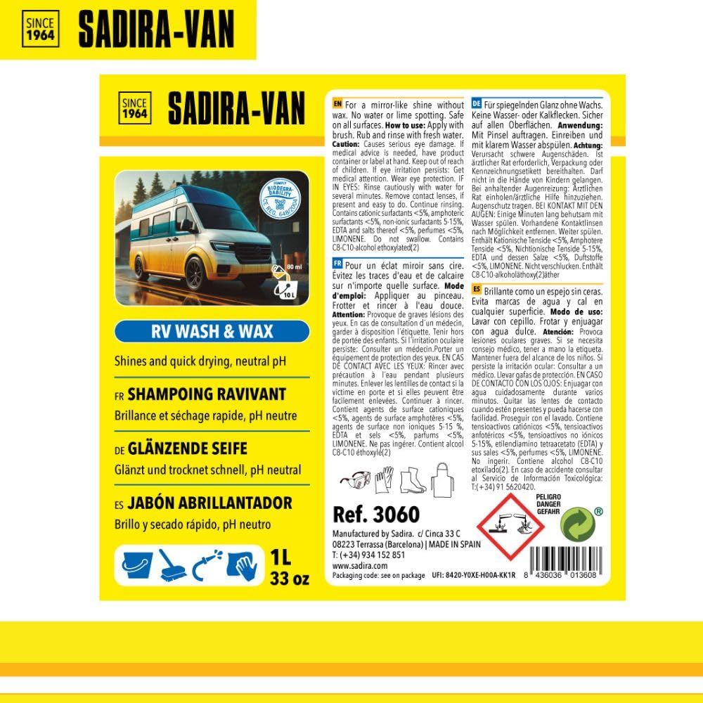 SADIRA VAN Jabón concentrado para autocaravanas 1 L. Limpieza impecable y protección duradera contra marcas de cal en cristales y fibra. Accesorio de mantenimiento de autocaravanes