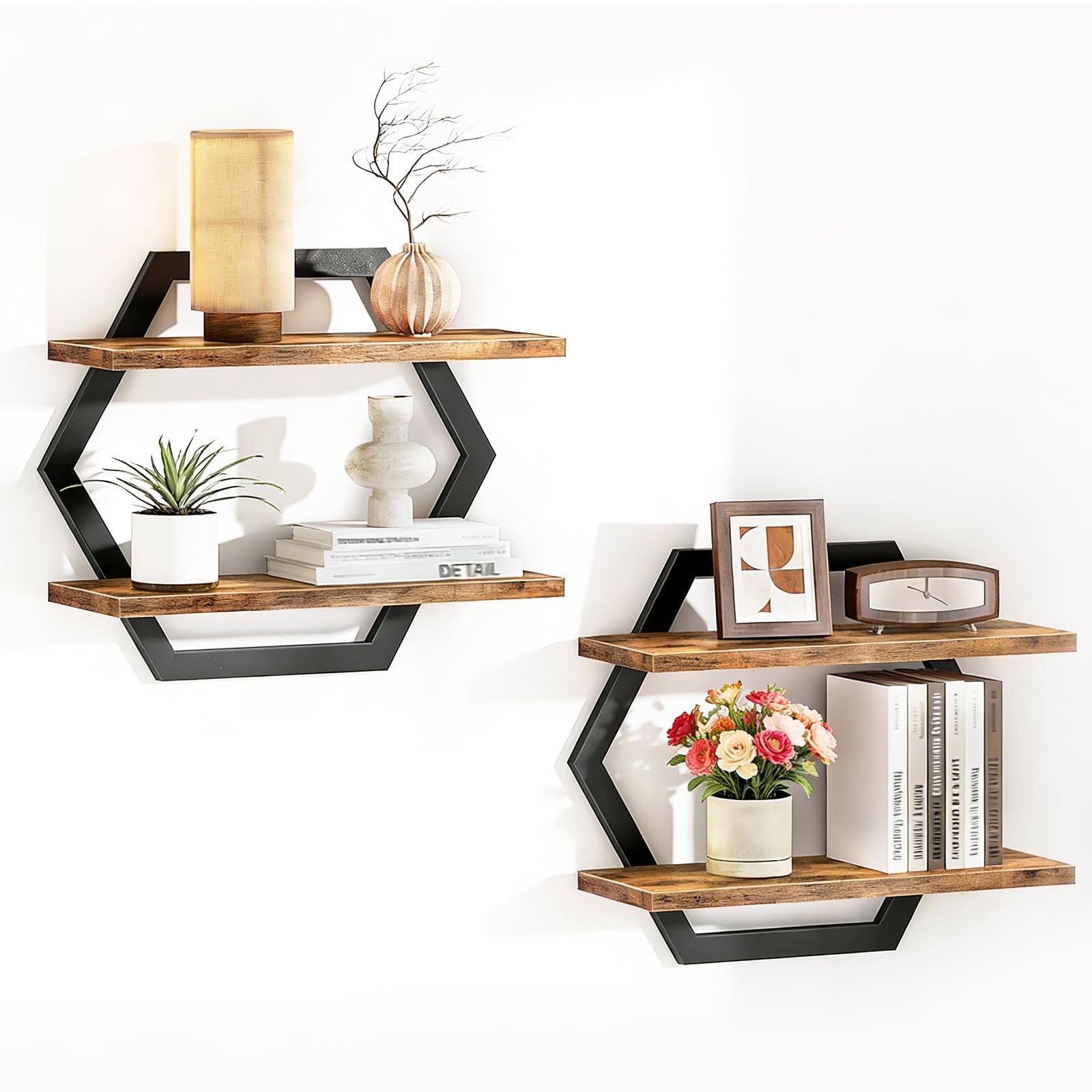 2er-Set Wandregal Holz und Metall,Schweberegal,Regalbrett,Dekorativ Regale für Wände,Hängeregale für Wohnzimmer,Schlafzimmer,Küche,Büro (Schwarz)