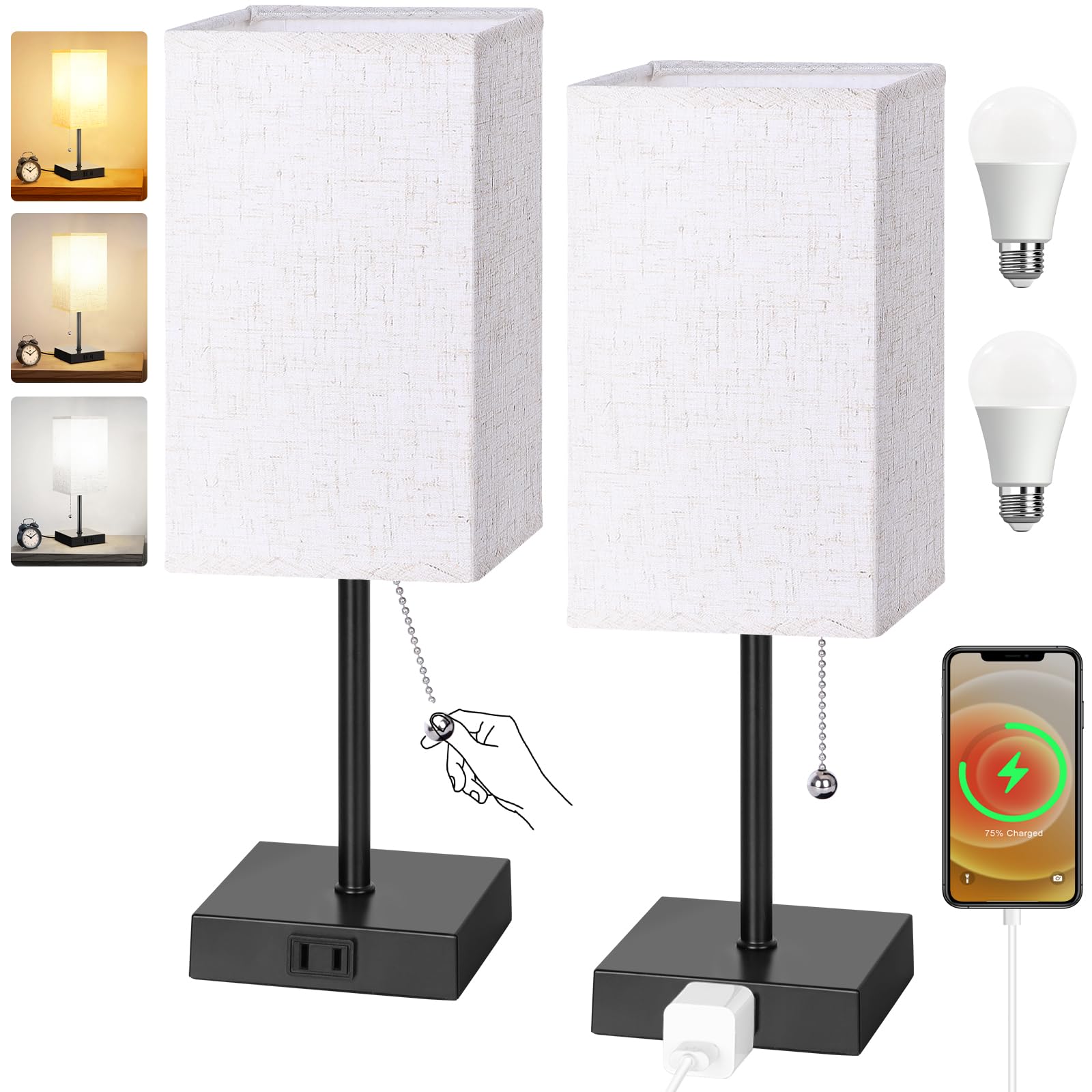 Table Lamp for Bedroom Set of 2, Bedside Lamps with 3 Color Temperatures Night Light, Lamp for Night Stands with AC Outlet and Square Shade, Pull Chain Small Desk Lamp for Living Room Home Decor