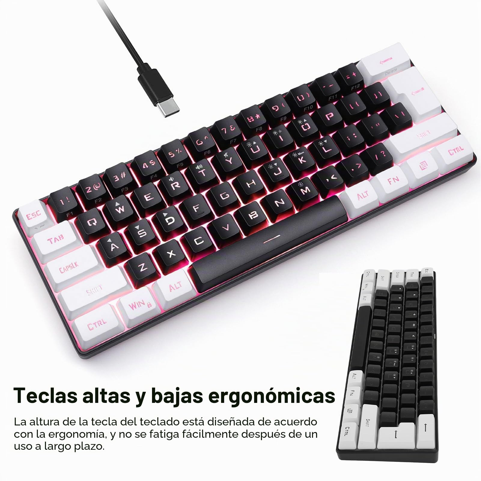 Bewinner 60% Mini Teclado RGB, 61 Teclas con Retroiluminación LED, Sensación Mecánica Ergonómica, Teclado para Juegos por Cable para Juegos de Oficina y Negocios (Negro)