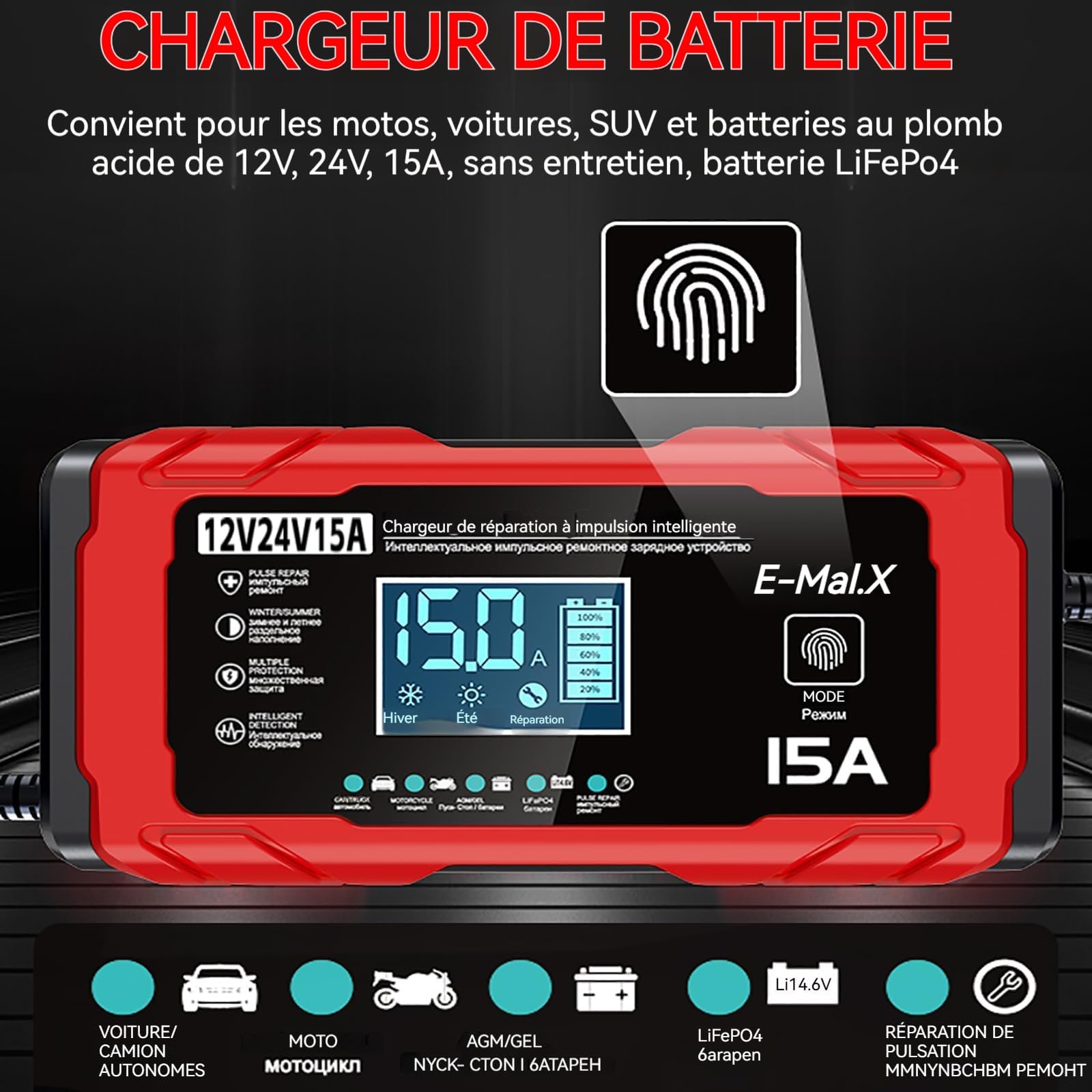 Chargeur Batterie Voitures 12V/24V 15A, avec Compensation de Température,Booster Batterie Universel Intelligent, Maintien de Charge Sûr Et Efficace, pour Voiture, Camion, Moto (Rouge)