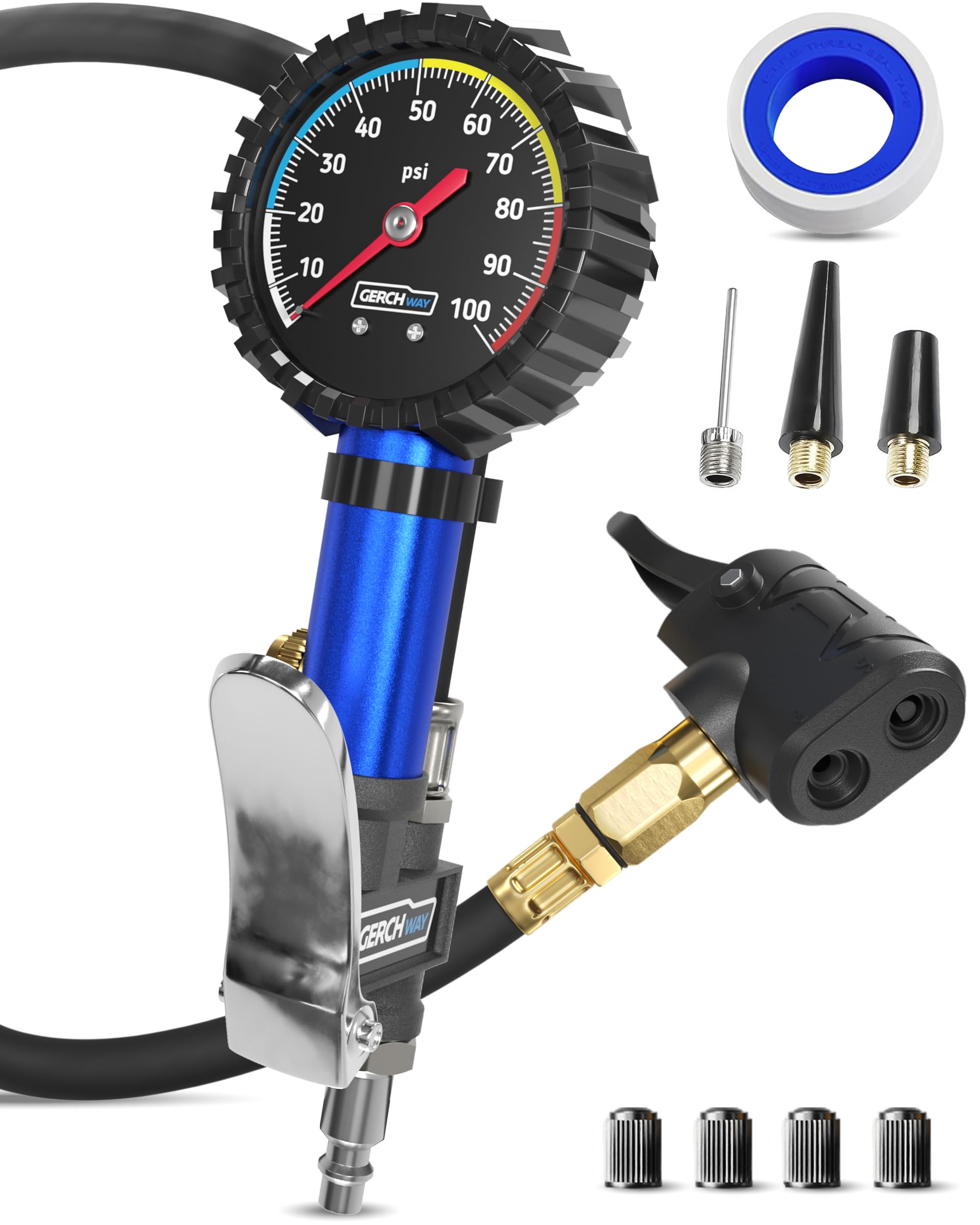 Presta Valve Adapter Pump with Removable Schrader to Presta Valve Air Chuck – Accurate Bike Tire Inflator & Pressure Gauge for Air Compressor, 100 PSI