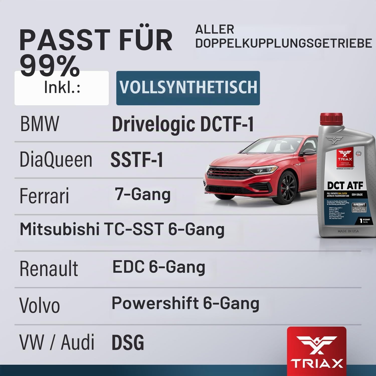 TRIAX DCT ATF – Vollsynthetisches Doppelkupplungsgetriebeöl G 052 182 A2 – Für alle DCT-Systeme und 6-/7-Gang-Doppelkupplungen – Mit SureShift No-Slip Additiv