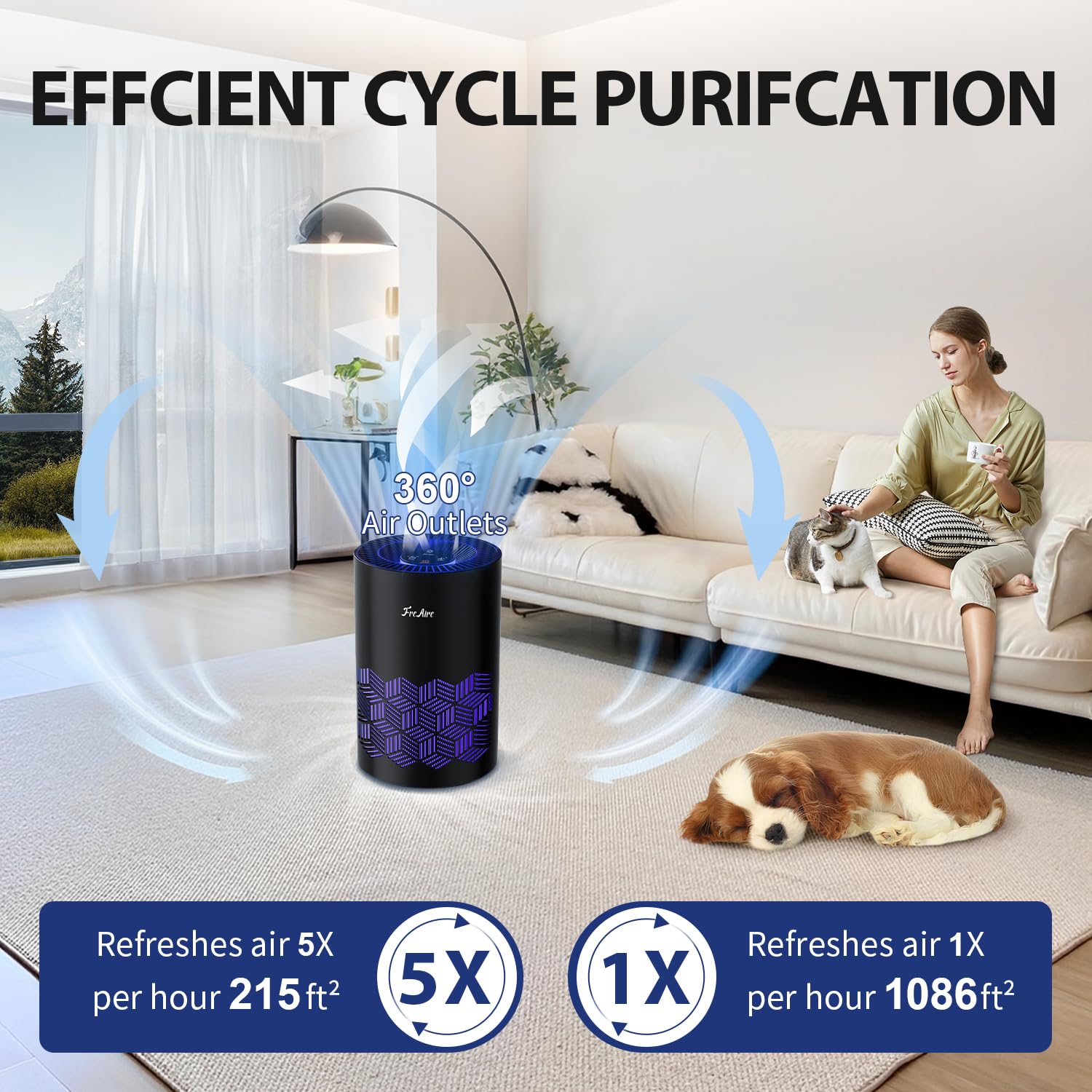 FreAire Air Purifiers for Bedroom, HEPA Air Purifier with RGB Lights Air Purifiers for Pets Dust Smoke Pollen Dander Smell, Portable Air Purifier with Air Filter For Home (Black)