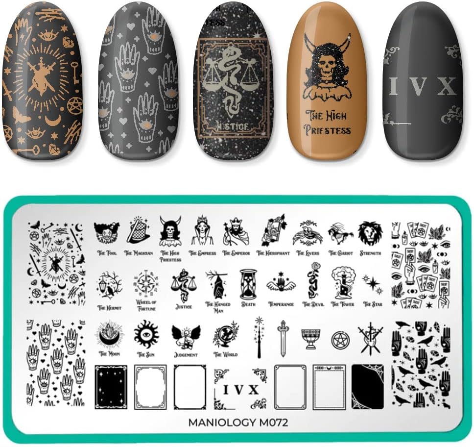 Maniology Tarot Reading (M072) Nail Stamping Plate | Tarot Cards Nail Art Designs, Spooky Halloween Manicure - Reusable, Rectangular, Stainless Steel Nail Art Template