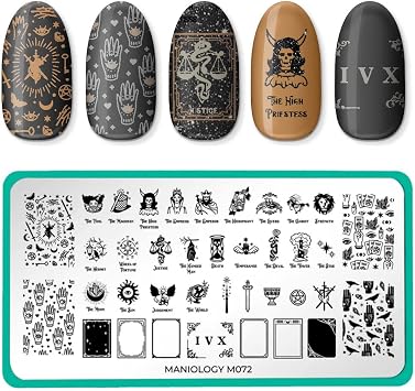 Maniology Tarot Reading M072 Nail Stamping Plate | Tarot Cards Nail Art Designs, Spooky Halloween Manicure - Reusable, Rectangular, Stainless Steel Nail Art Template