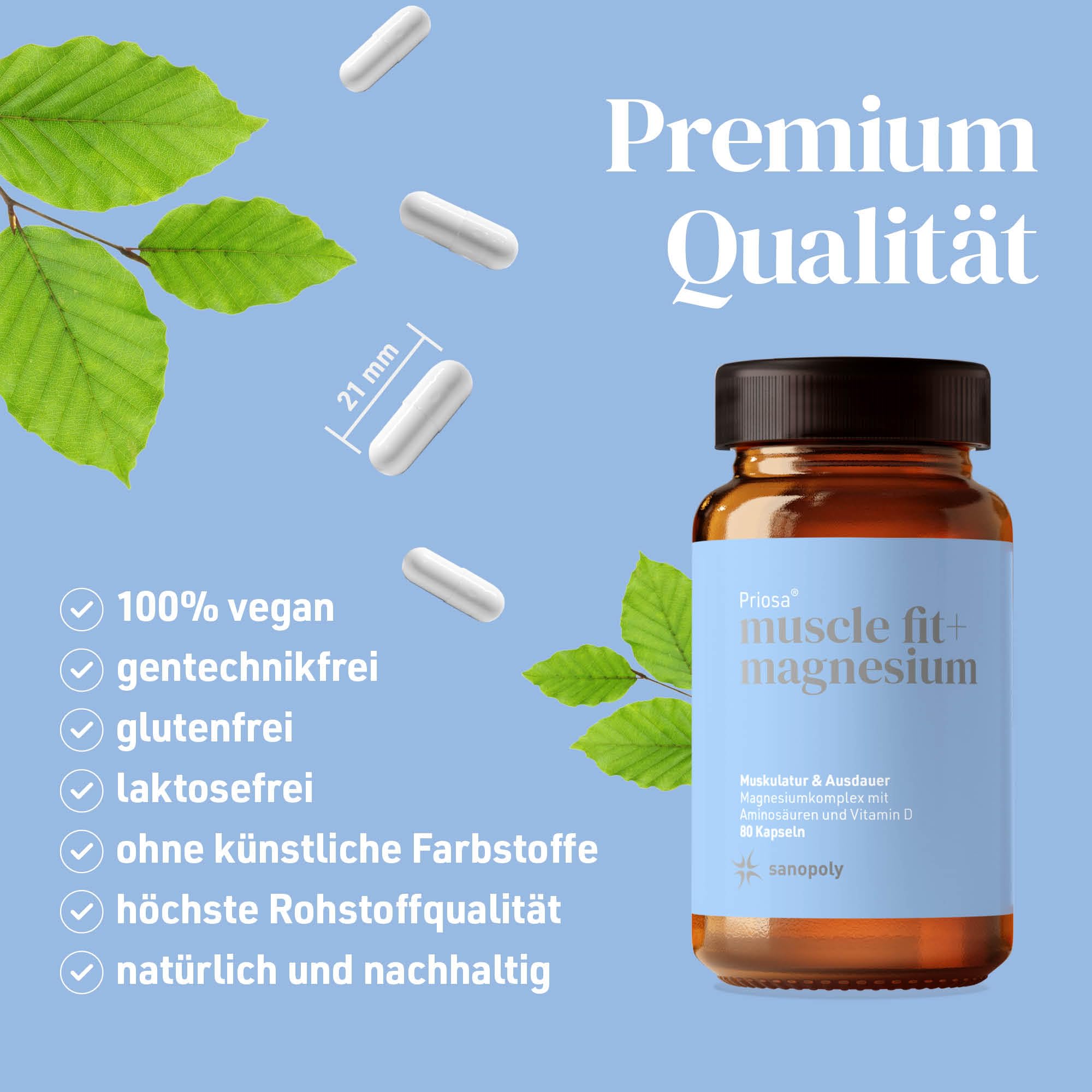 Priosa Muscle Fit + Magnesium Komplex - 80 Kapseln | Synergetische Mischung aus Magnesium, Aminosäuren, Vitaminen & CoEnzymen | hilft bei Muskelkrämpfen | Vegan, Ohne Zusatzstoffe