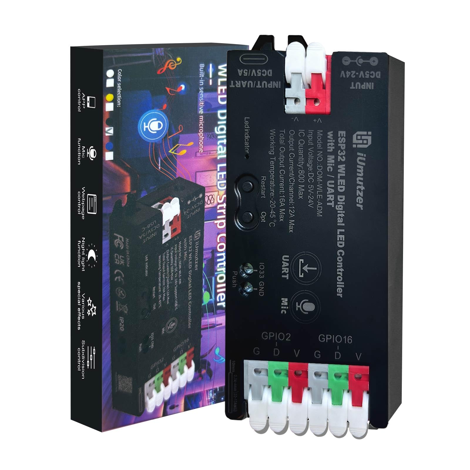 WLED Controller ESP32 mit Mikrofon für Adressierbarer LED Streifen Digital RGB IC WS2811 WS2812B SK6812 WS2815 (WLED Controller USB-C & UART)