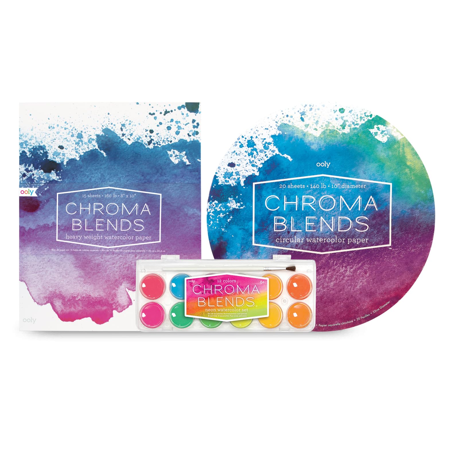 Ooly Chroma Blends Neon Watercolor Paint Set, Watercolor Pack, Bright Neon Colors in a Portable Case & Circular Acid-Free Watercolor Paper Pad - 20 Sheets, 8 x 10 Inches & Heavy-Weight Watercolor Pad