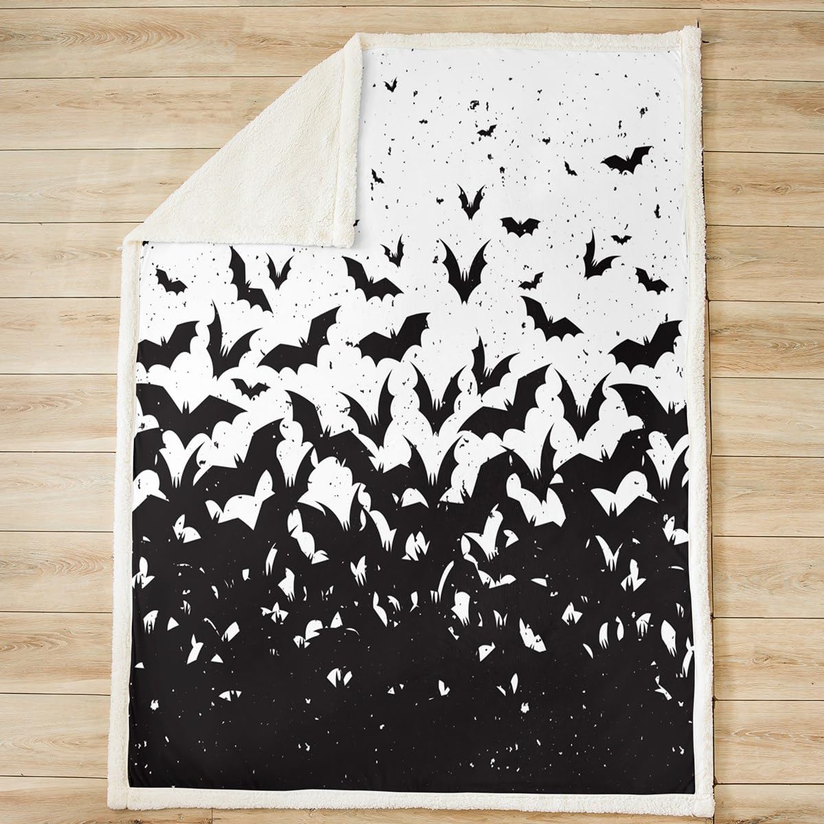 Black Bats Kids Throw Blanket,Happy Halloween Before Christmas Bed Blanket for Boys Girls Adults,Halloween Holiday Fleece Blanket,Black White Simple Fuzzy Blanket,Queen Size (90 x 90 Inches)