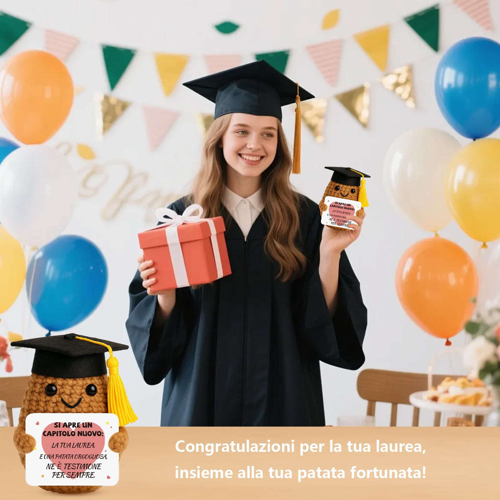 Regalo Laurea Patata Incoraggiante all'Uncinetto a Mano - Pocket Hug Patata Fortunata con Portafortuna Esami e Biglietto di Auguri, Regali Laurea Originali per Donna Uomo