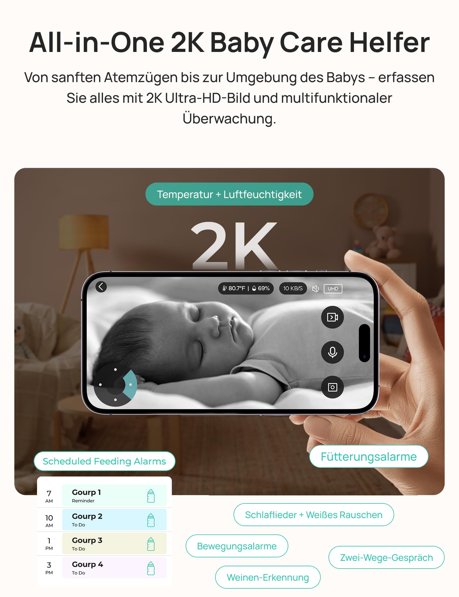 Dr.Care LumiView Plus Smart WLAN Babyphone – 5,5" 1080P FHD & 2K Kamera, Privatsphärenmodus, Multi-User, 5000mAh Akku, RGB Nachtlicht, Bewegungs- & Weinenalarm, App-Steuerung (2 Kameras + 1 Monitor)