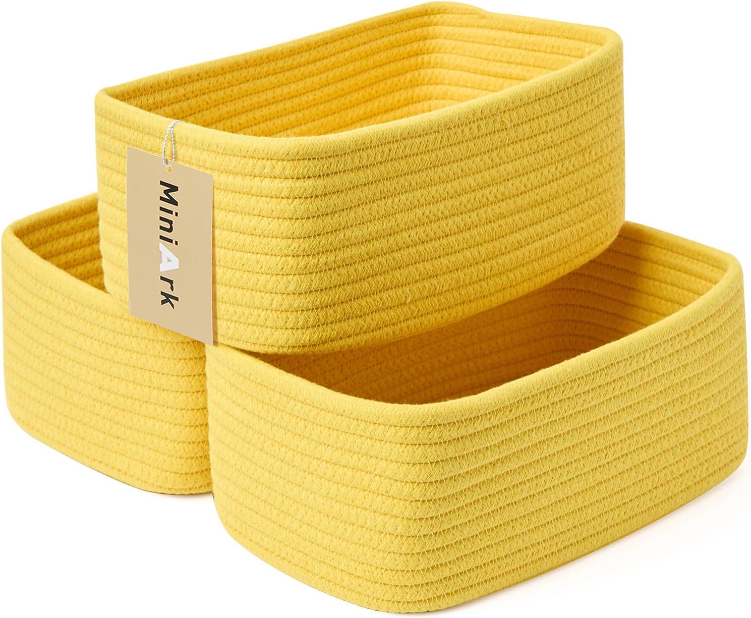 Shelf Storage Baskets for Organizing | Closet Organizer Bins | Small Baskets | Toy Basket | Cute Decorative Basket | Cube Storage Bin | Woven Rope Basket | 11.5×7.5×4.7” | 3 Packs Yellow