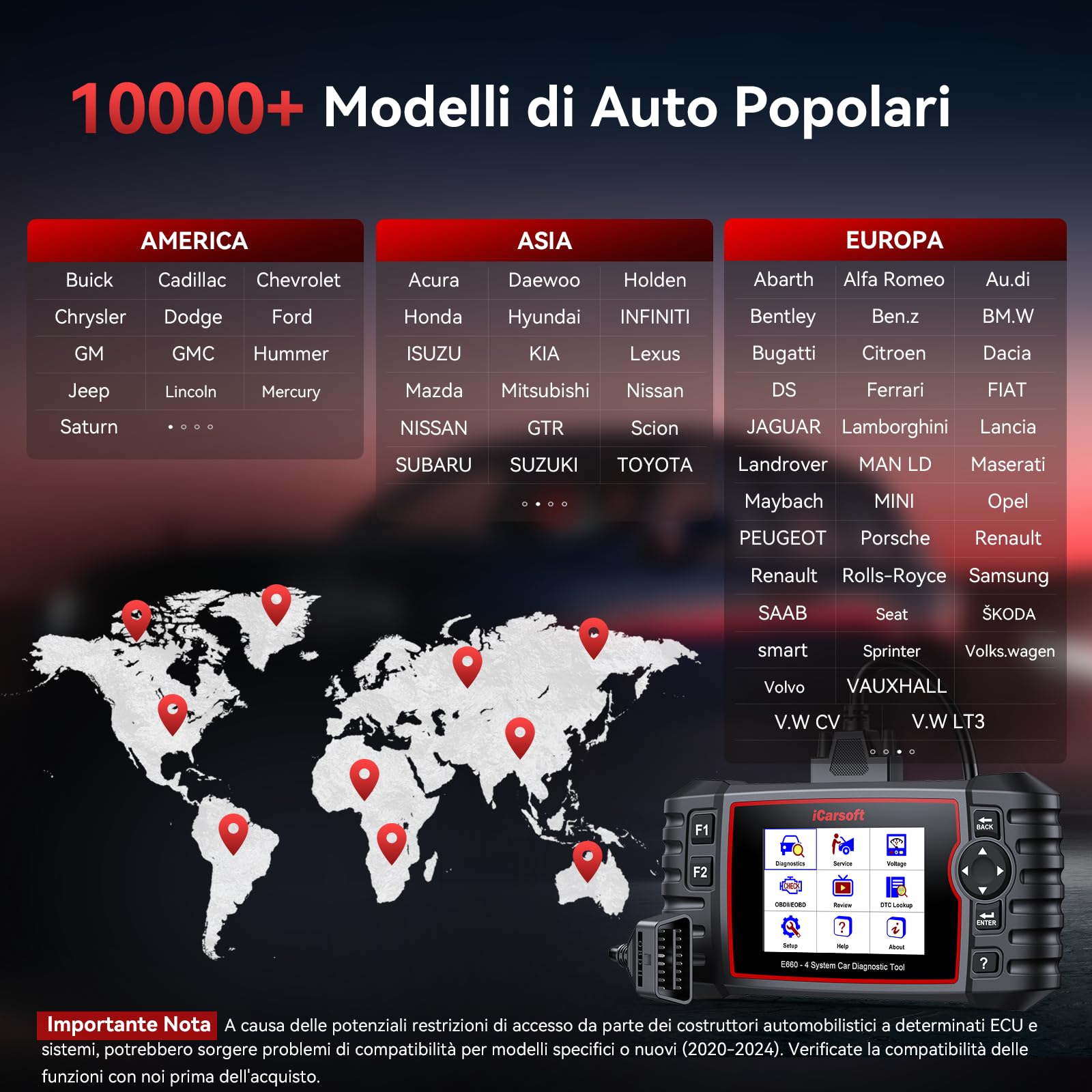 iCarsoft E660 OBD2 Auto Diagnostica, Diagnosi Auto Professionale in Italiano, Sistema Motore/ABS/SRS/Trasmissione, 6 Funzioni di Ripristino, Reset Olio/EPB/BMS/ETC/SAS/TPMS, Aggiornamento a Vita
