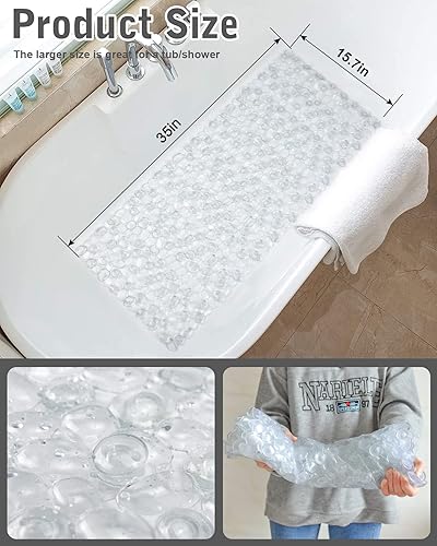 Miniatura 2 de Tapete de ducha antideslizante de 35 x 15.7 pulgadas con ventosas, agujeros de drenaje para ducha, bañera, baño, lavable a máquina (gris