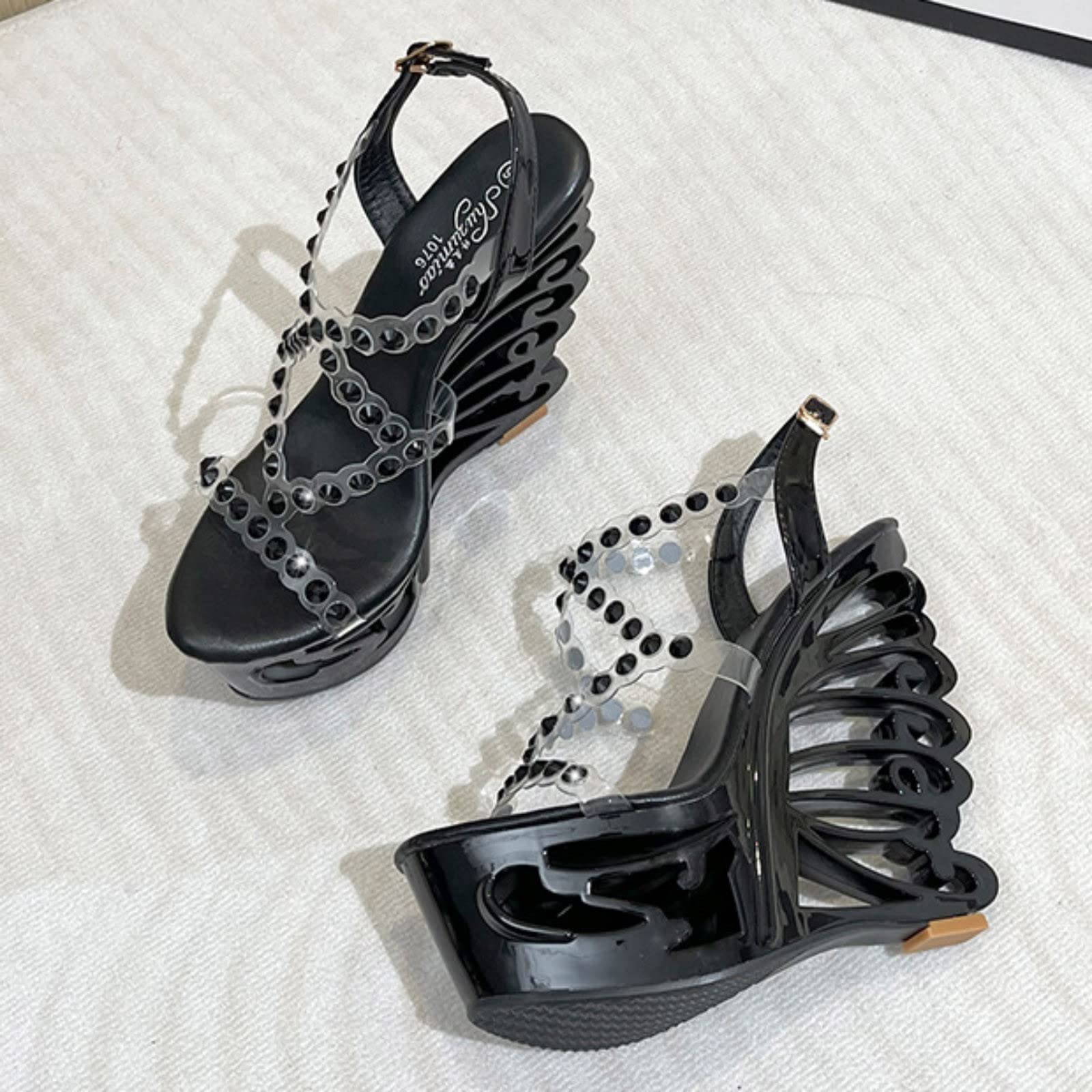 Genérico Sandalias Cuña Mujer Estilo De Sexy Verano Tacones Altos Zapatos Tacón Transparentes Bloque Casa Ergonomicas Dos Hebillas Primavera Y Palas Zapatillas Fascitis Plantar Dorados Fiesta