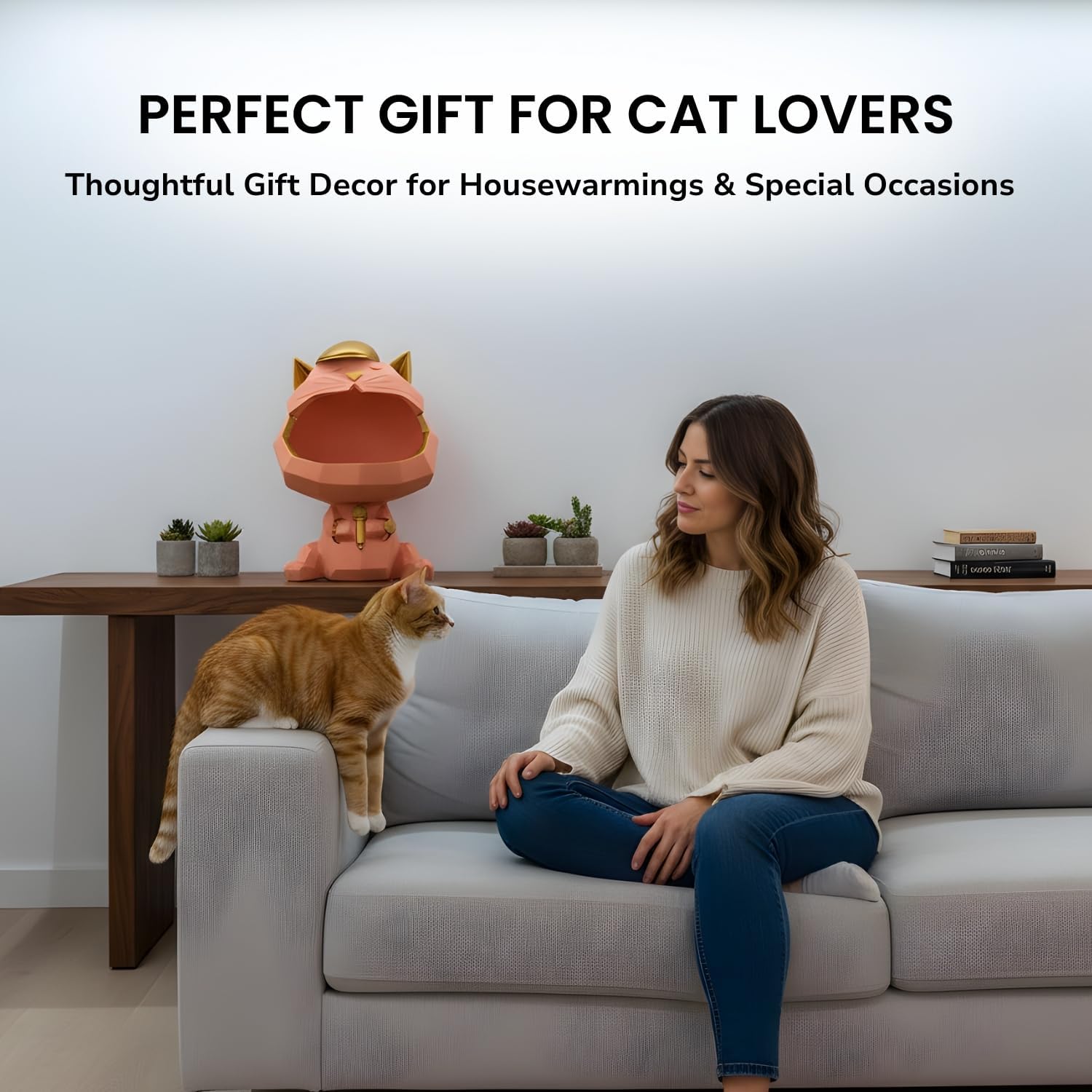 SMOKEY COCKTAIL Cat Candy Storage Statue for Home Decor | Perfect for Bowl, Keys Holder, Cat Lovers Valentines Day Gifting | Resin Modern Sculpture for Table, Office, Gift for Entryway Table (Pink)