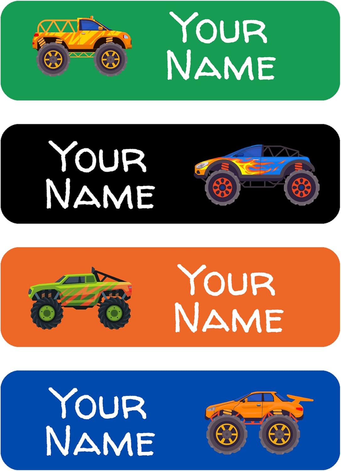 128 Monster Trucks Custom Kid Name Label for Daycare, Waterproof Dishwasher Safe, Personalized Name Sticker for Camp, School Supply, Baby Bottle, Lunch Boxes, Water Bottle, Cups(Pattern 1)
