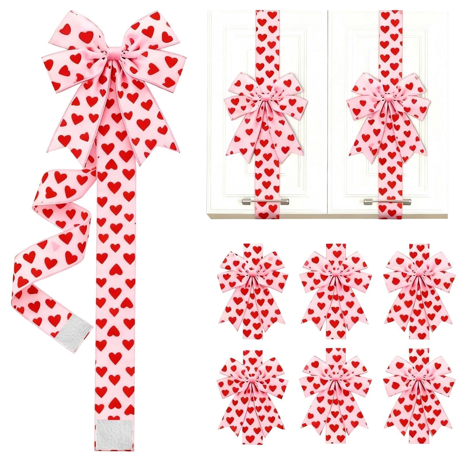 6 Pcs Red Hearts Pink Ribbon Bows Set Valentines Decorations Cabinet Doors Windows Decor Valentines Gift Wedding Anniversary Party Supplies (6 Pcs Pink Heart, 200cm/78.74inch)