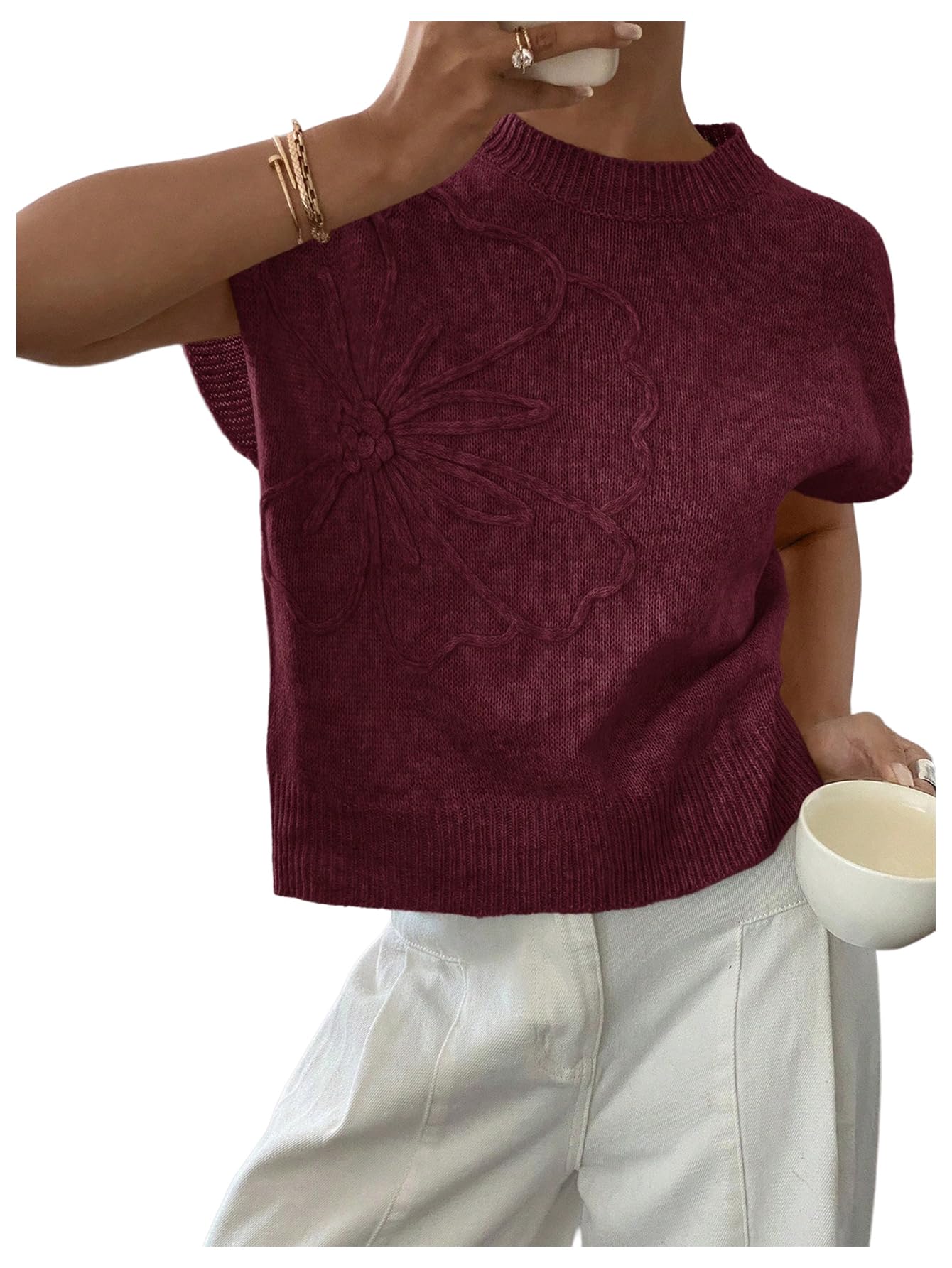 MakeMeChic Womens Floral Knitted Vest Top Sleeveless Pullover Sweater Vest