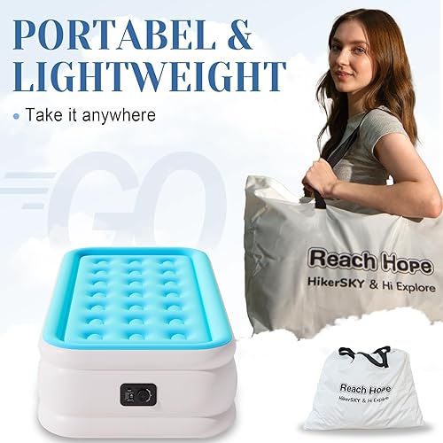 Miniatura 3 de Colchón de aire individual con bomba integrada, cama de aire plegable de 18 pulgadas de altura, colchón inflable cómodo para el hogar, viajes,