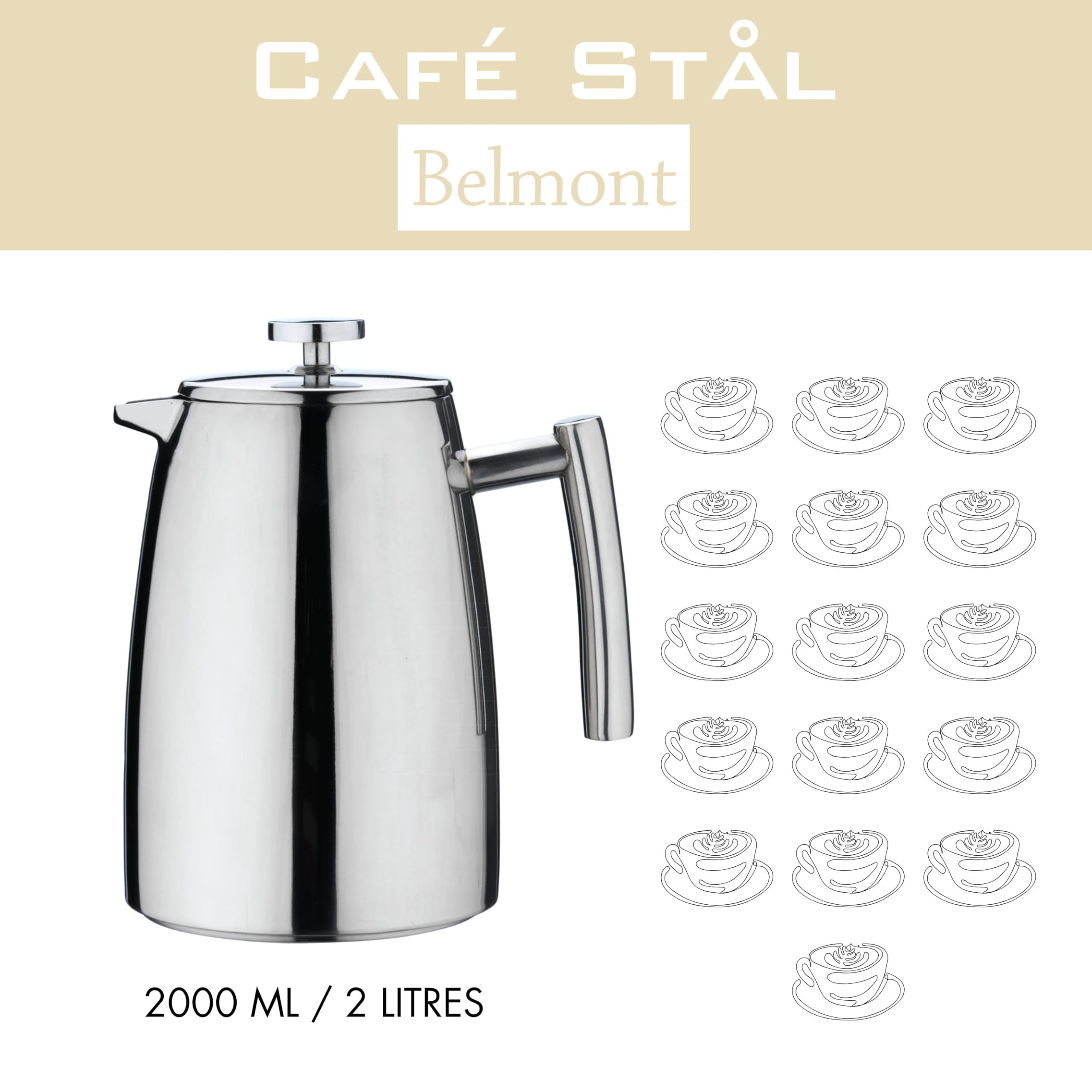 Café Stål Belmont Cafetiera a Doppia Parete da 16 Tazze / 2000 ml, Caffettiera a stantuffo in Acciaio Inossidabile 18/10, Caffettiera con Finitura a Specchio e Manici Resistenti al Calore