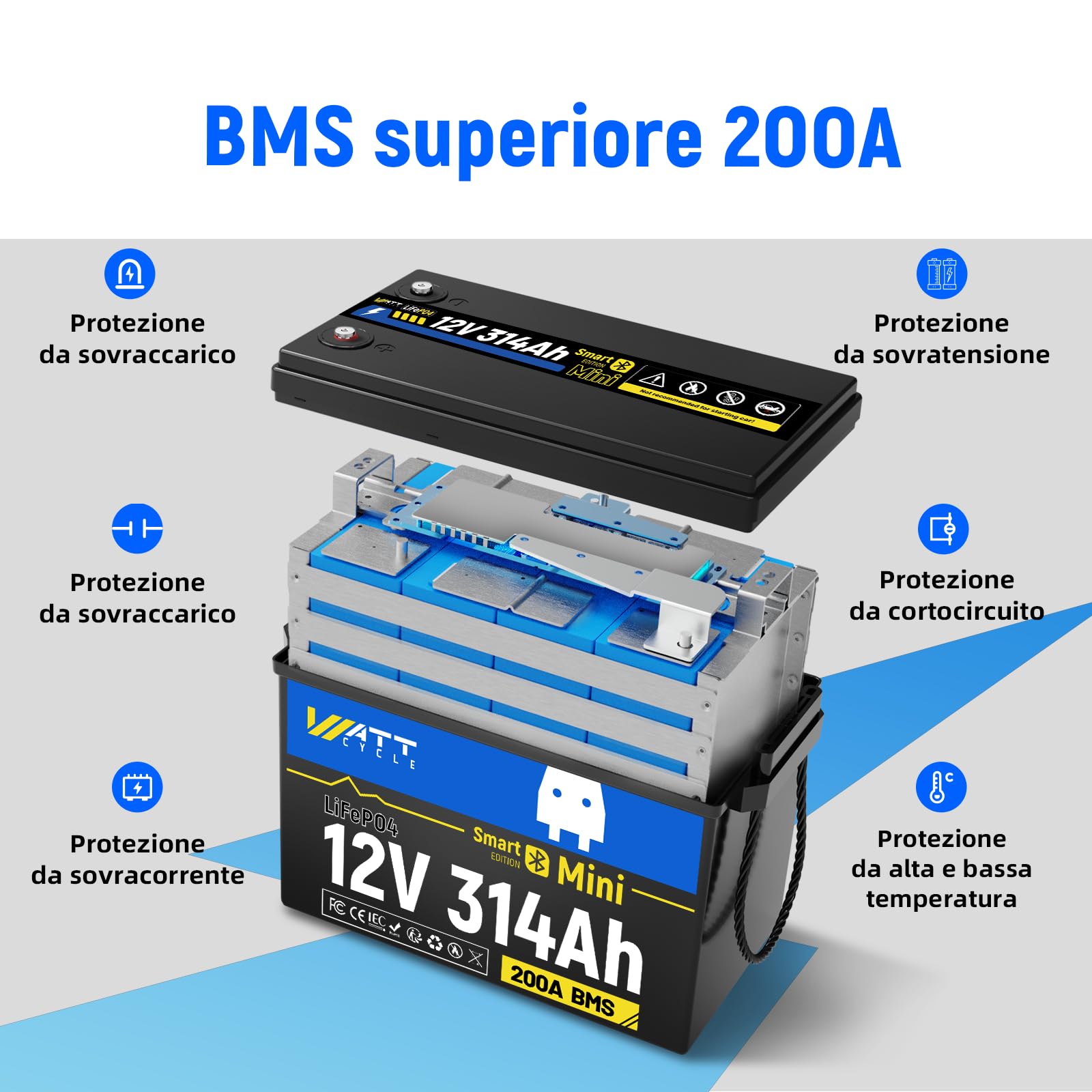 Wattcycle Batteria al Litio LiFePO4 12V 314Ah, 4019Wh, con BMS 200A Integrato, Protezione Bassa Temperatura, per Nautica, Camper, Sistemi Solari e Off-Grid