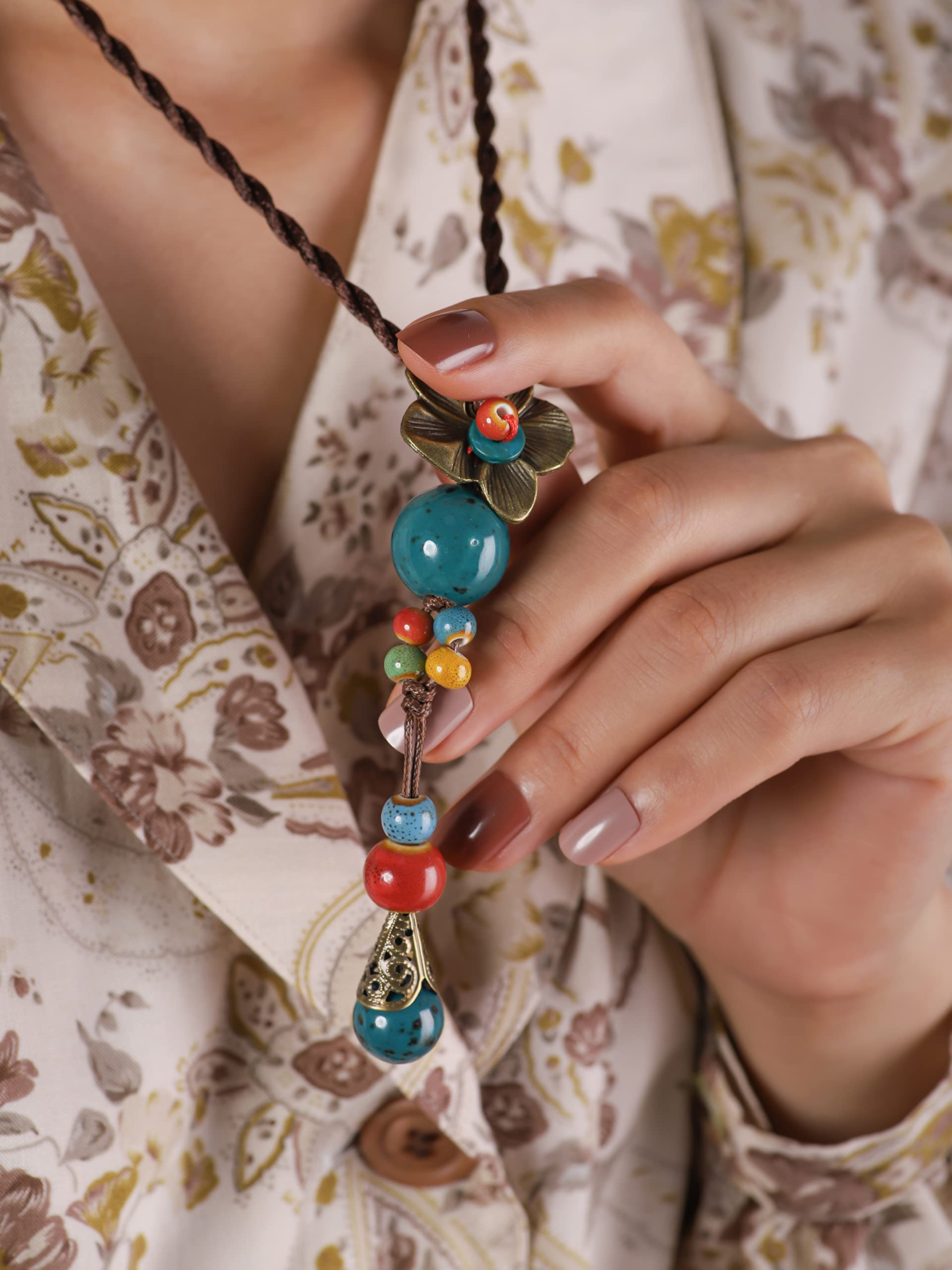 Collar vintage bohemio colorido de cerámica con cuentas antiguas en Y, vintage, bohemio, hippie, regalo de joyería para mujer, Zinc Cerámica, No es una piedra preciosa 5
