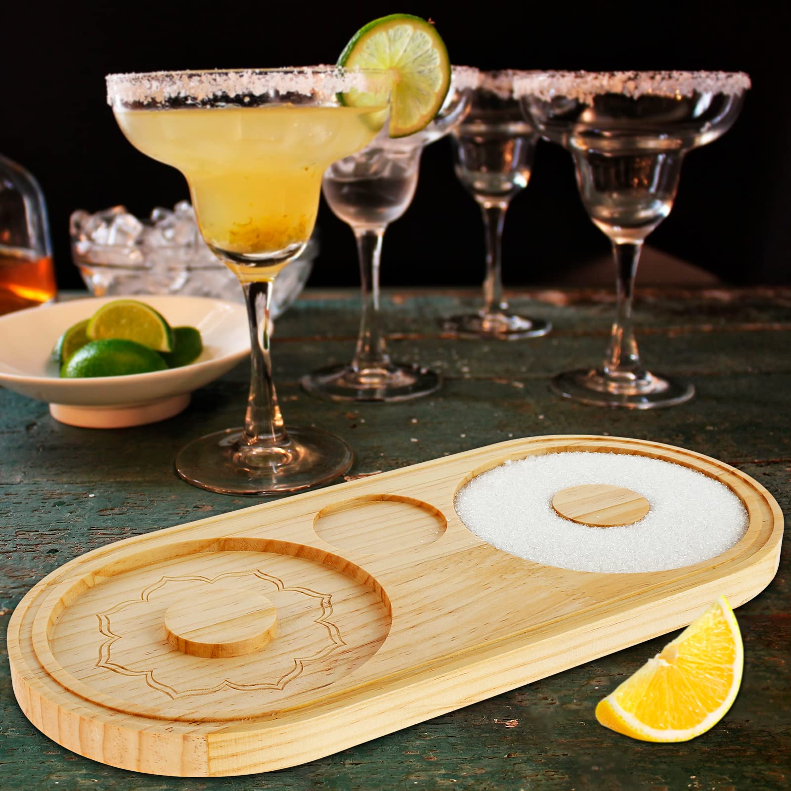 Abizarch Margarita Salt Rimmer Reusable Bamboo Sugar Salt Rimmer with Double Plate Bar Glass Rimmer Salt Box Spice Container Bartender Tool for Cocktail and Margarita(Graphic payment)