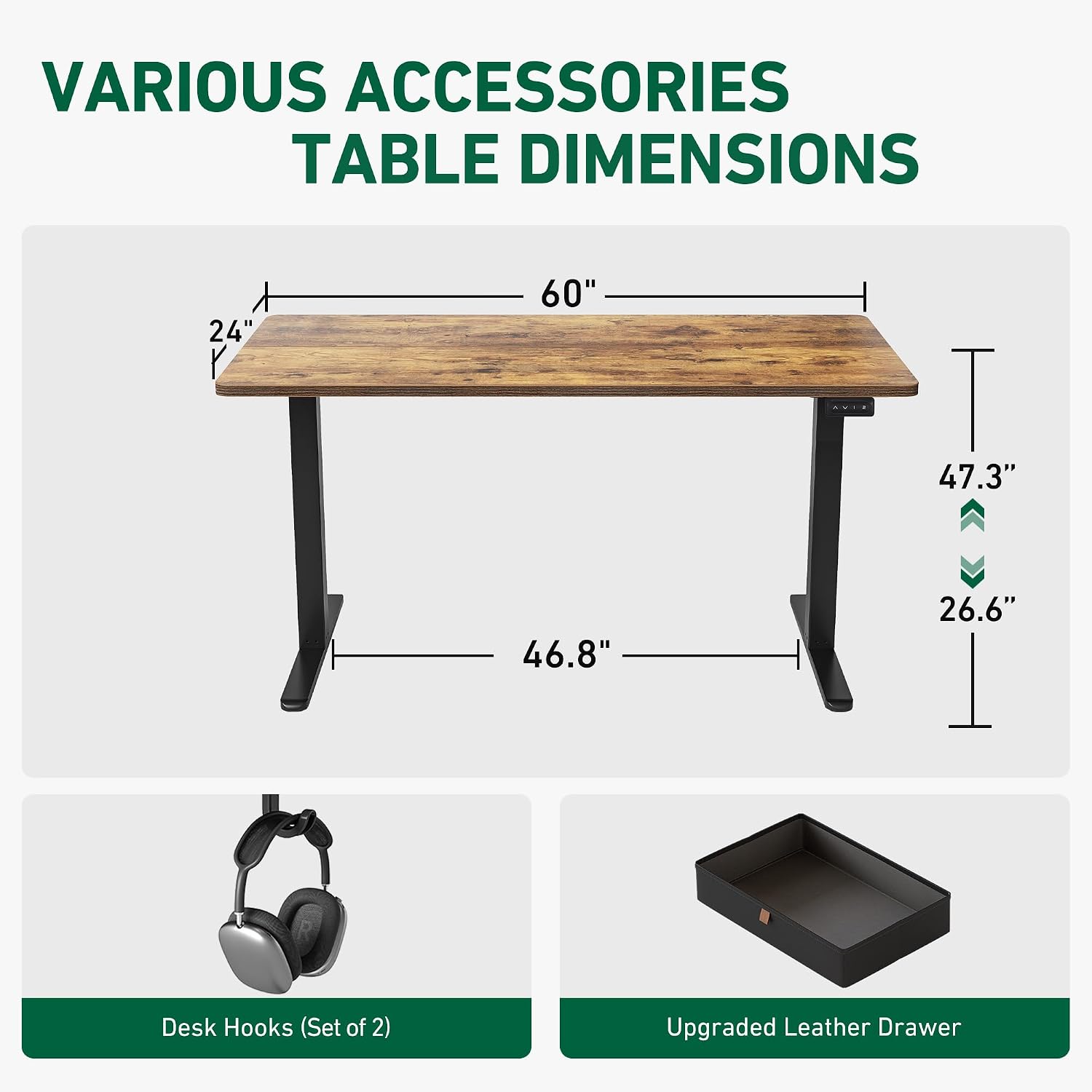 Diagram showing desk dimensions, desk hooks, and upgraded leather drawer