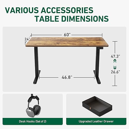 Miniatura 57 de FEZIBO Escritorio eléctrico de altura ajustable con cajón, tablero de 63 x 24 pulgadas, marco negro/parte superior negra Negro -,Luz rústica,Marrón