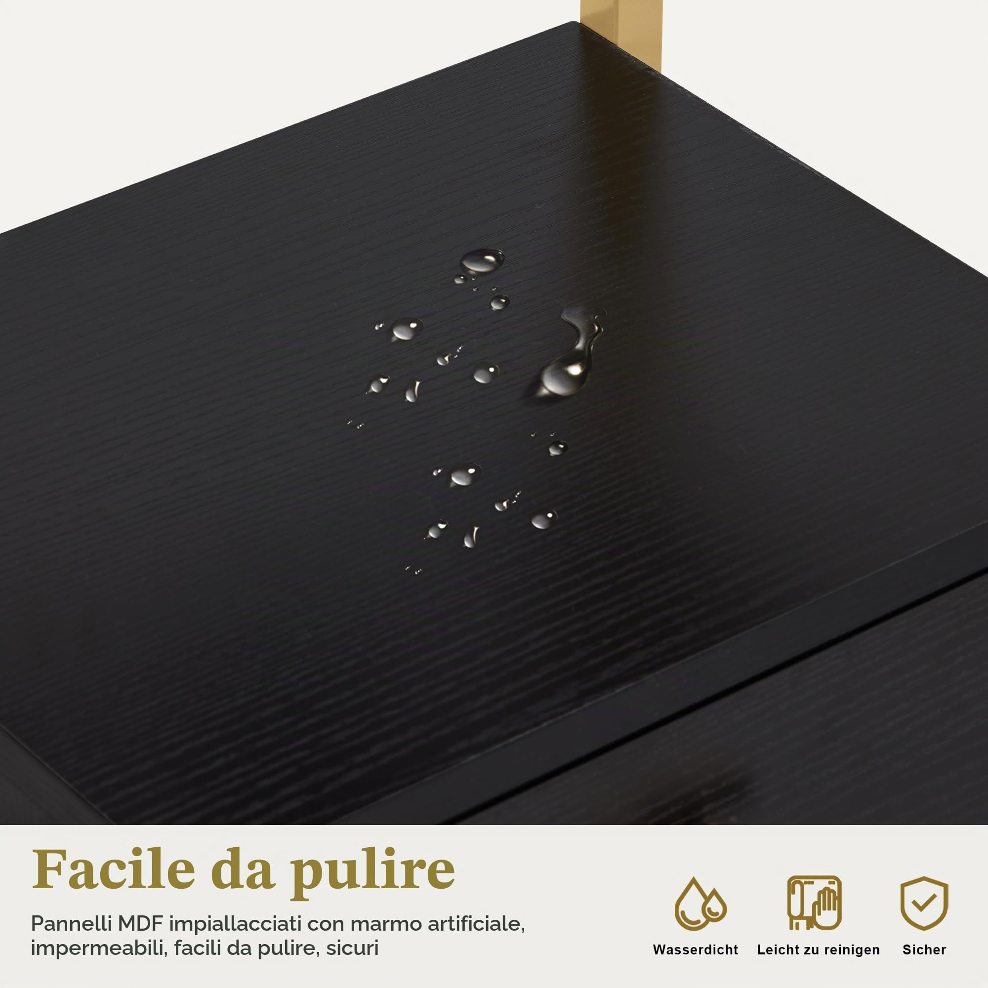 MCombo M Carrello da parrucchiere con ruote e 3 cassetti, carrello da servizio nero e oro, carrello da salone con 2 ripiani, carrello da lavoro per bagno, 30x40x97cm, 0048