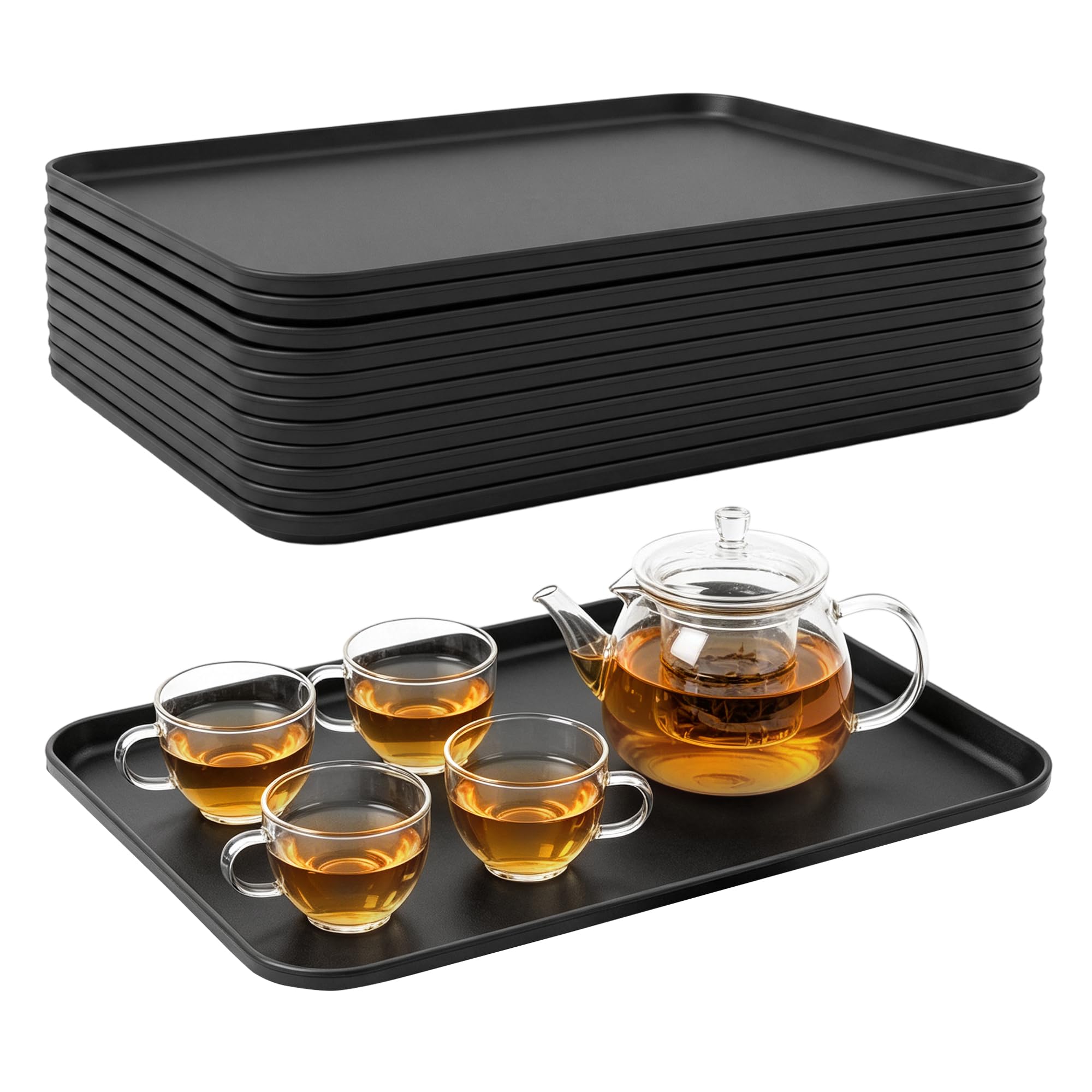 KEILEOHO 10 Pack Plastic Rectangle Serving Trays, Large Black Fast Food Trays, 38x26.5x1.5 cm, for Lunch, Cafe, Restaurant