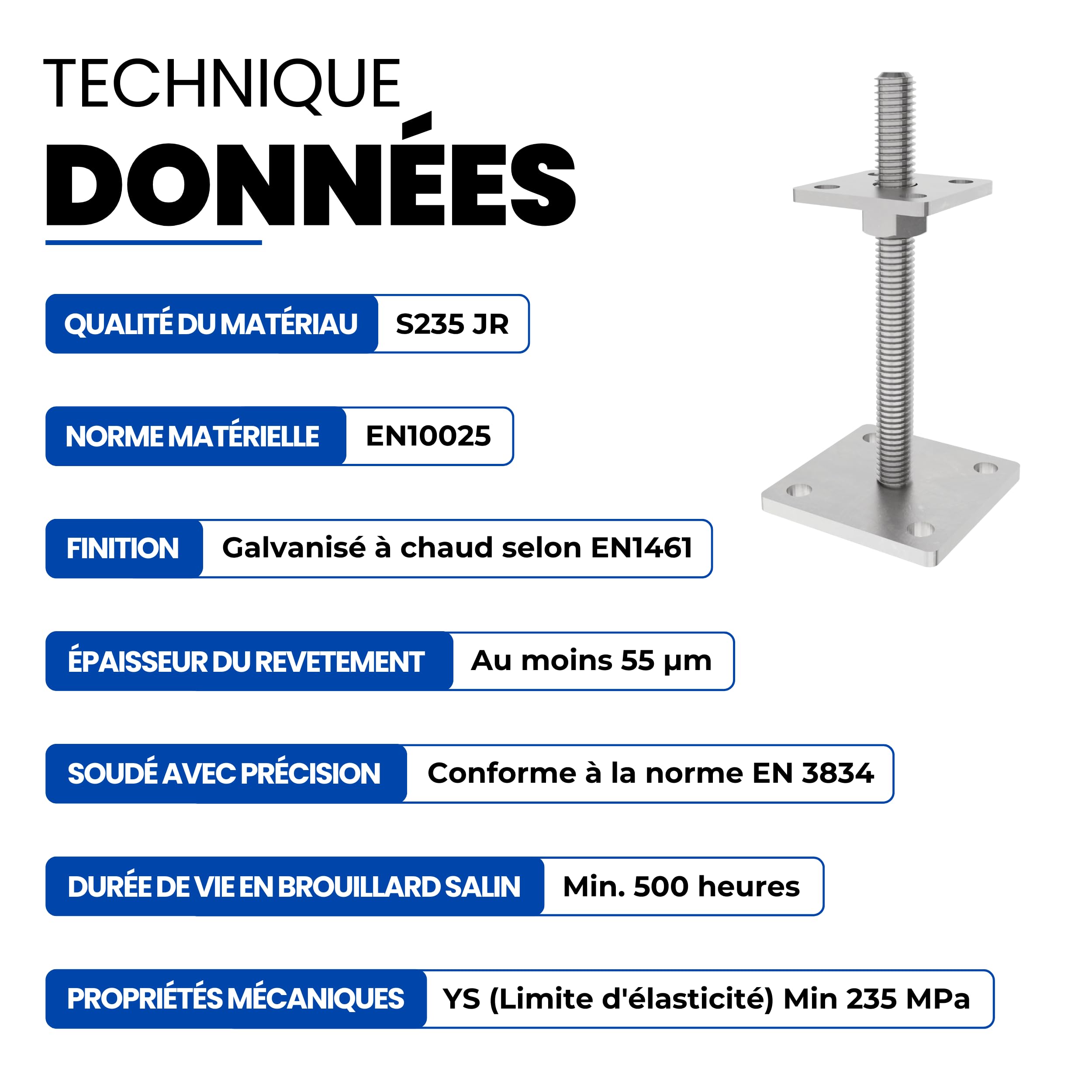 GeZu Impex Support de poteau Galvanisé à chaud Lot de 12 70 x 70 mm hauteur reglable platine bois pied poteaux clôture