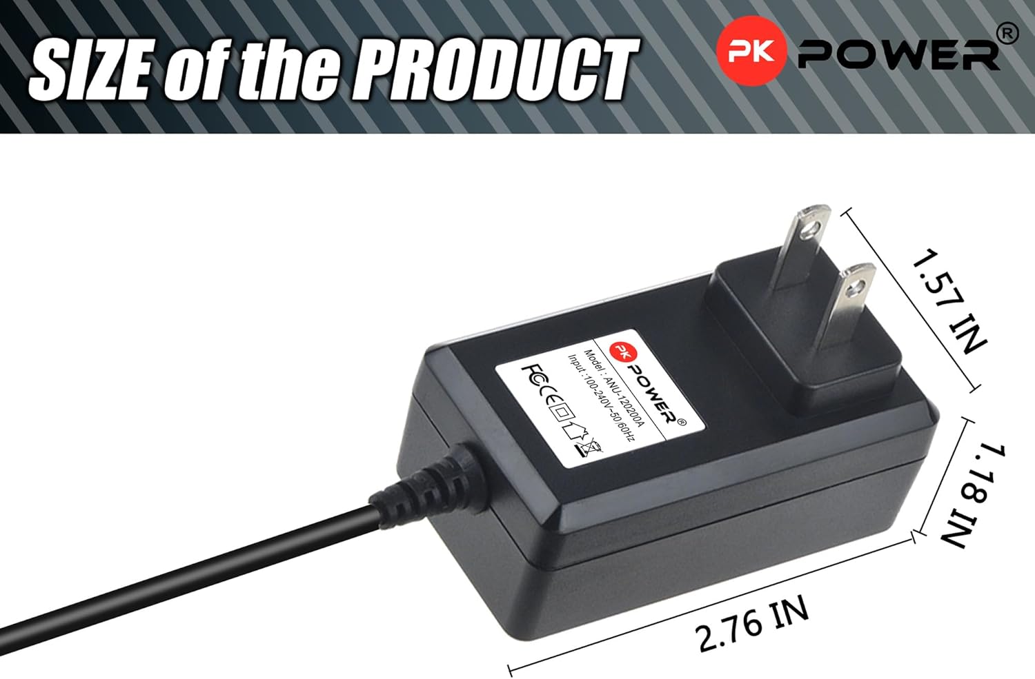 Diagram showing the dimensions of the PKPower AC/DC adapter