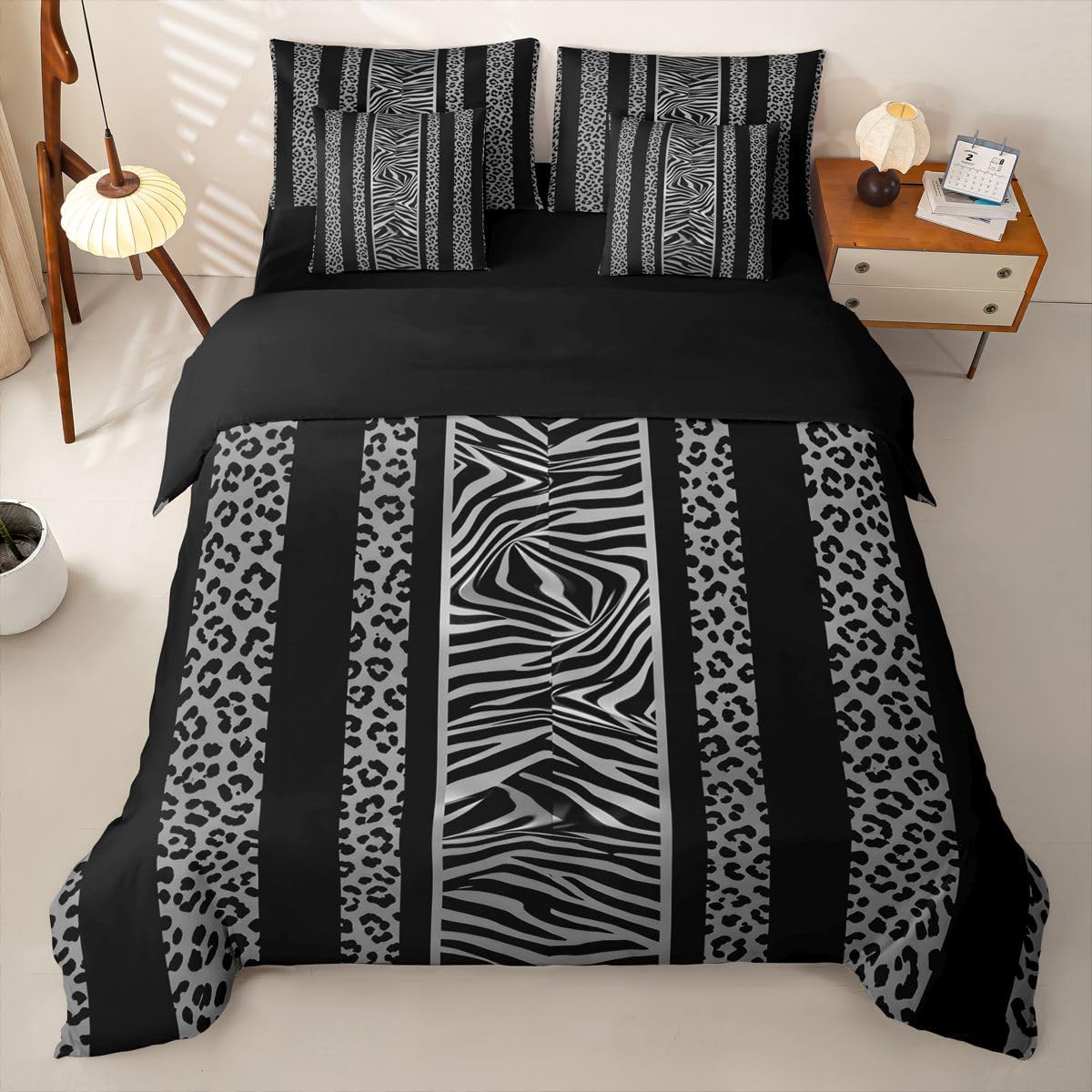 Loussiesd Juego de funda de edredón tamaño Super King con estampado de leopardo y cebra, juego de ropa de cama de 7 piezas para niños y niñas, estampado de guepardo, color negro y gris, cama en una