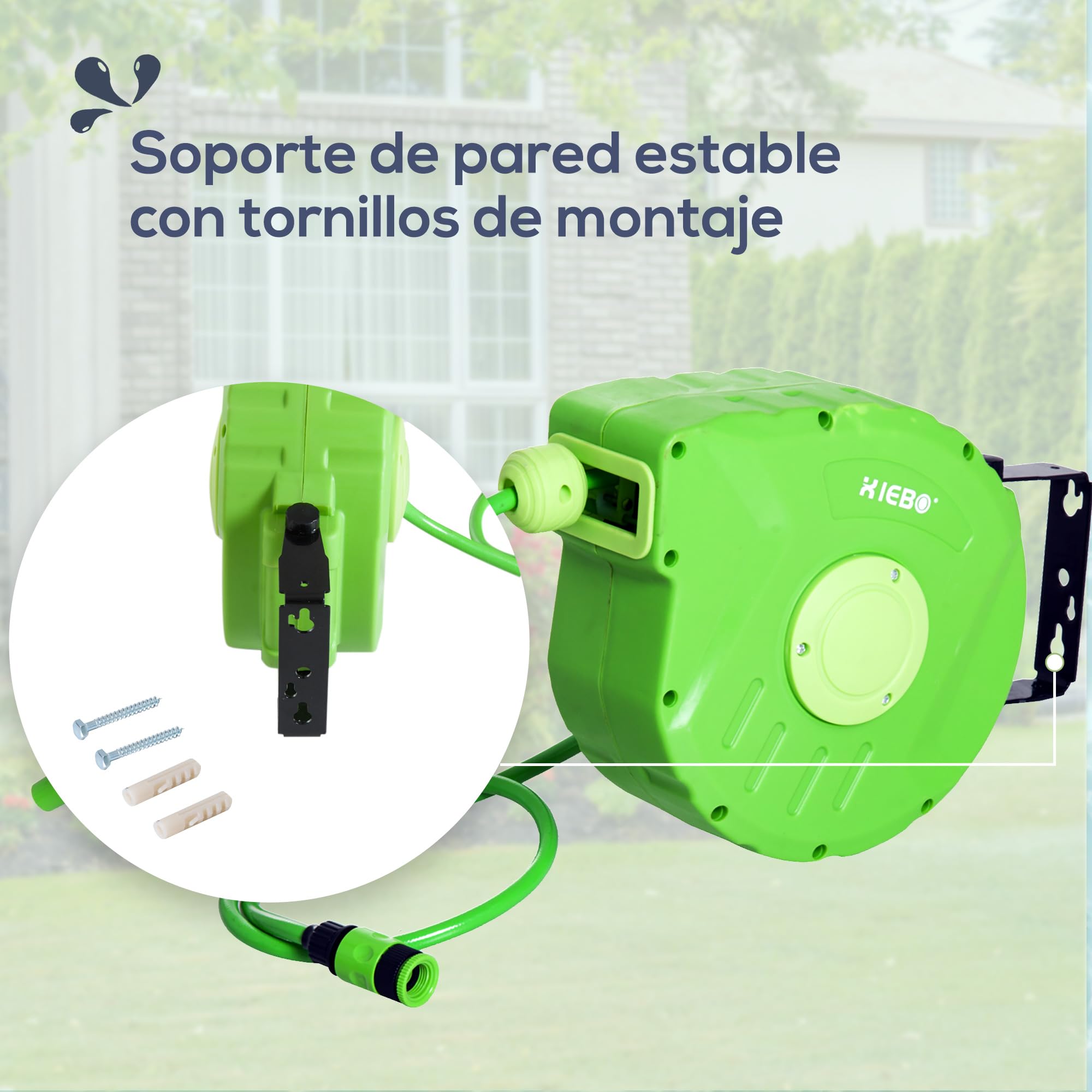 Outsunny Carrete para Manguera Enrollable, Carro de Manguera de Jardín, Portamanguera 10m Roll-up Automático Giratorio 180° con Pistola de Pulverización Gran Alcance Base de Pared para Terraza, Verde